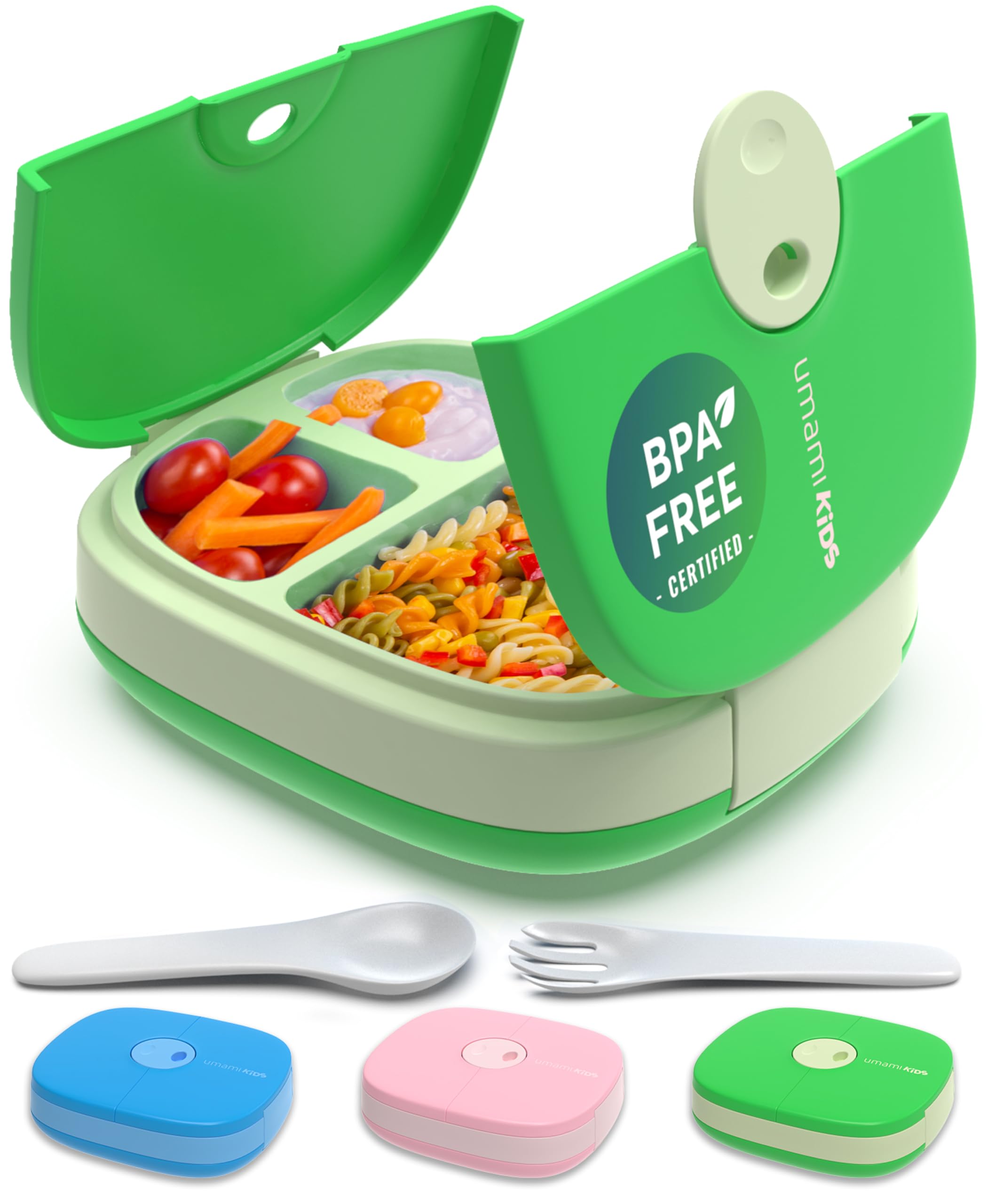Umami Kids Lunch with Cutlery, Leak-Proof, Durable, Box 3 3 9, (Green)