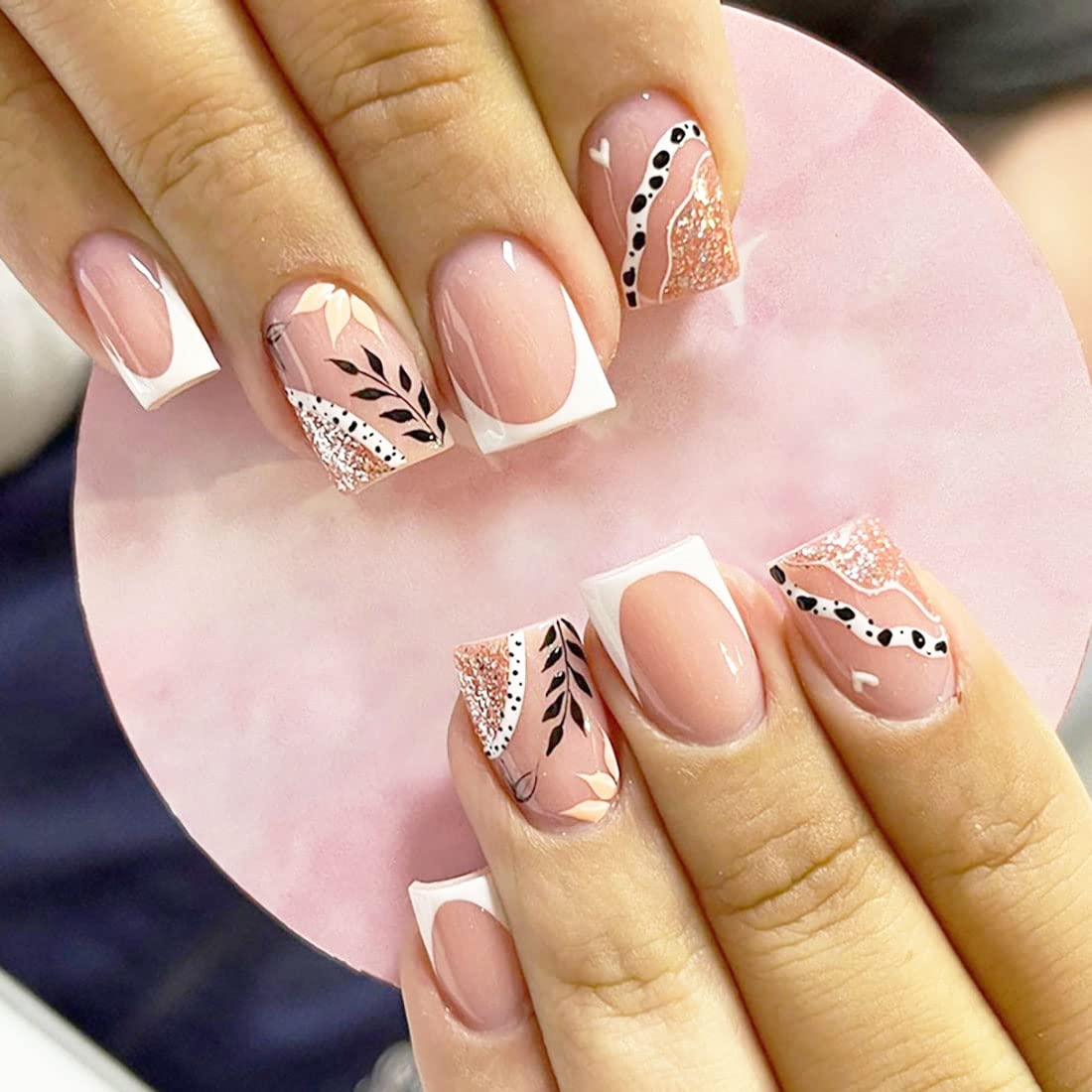 PCS French False Nails Square Fake Nails Glitter Fake 24 Pink White-image-44b49246-8b3b-4657-bad9-e09b31d96033-59258