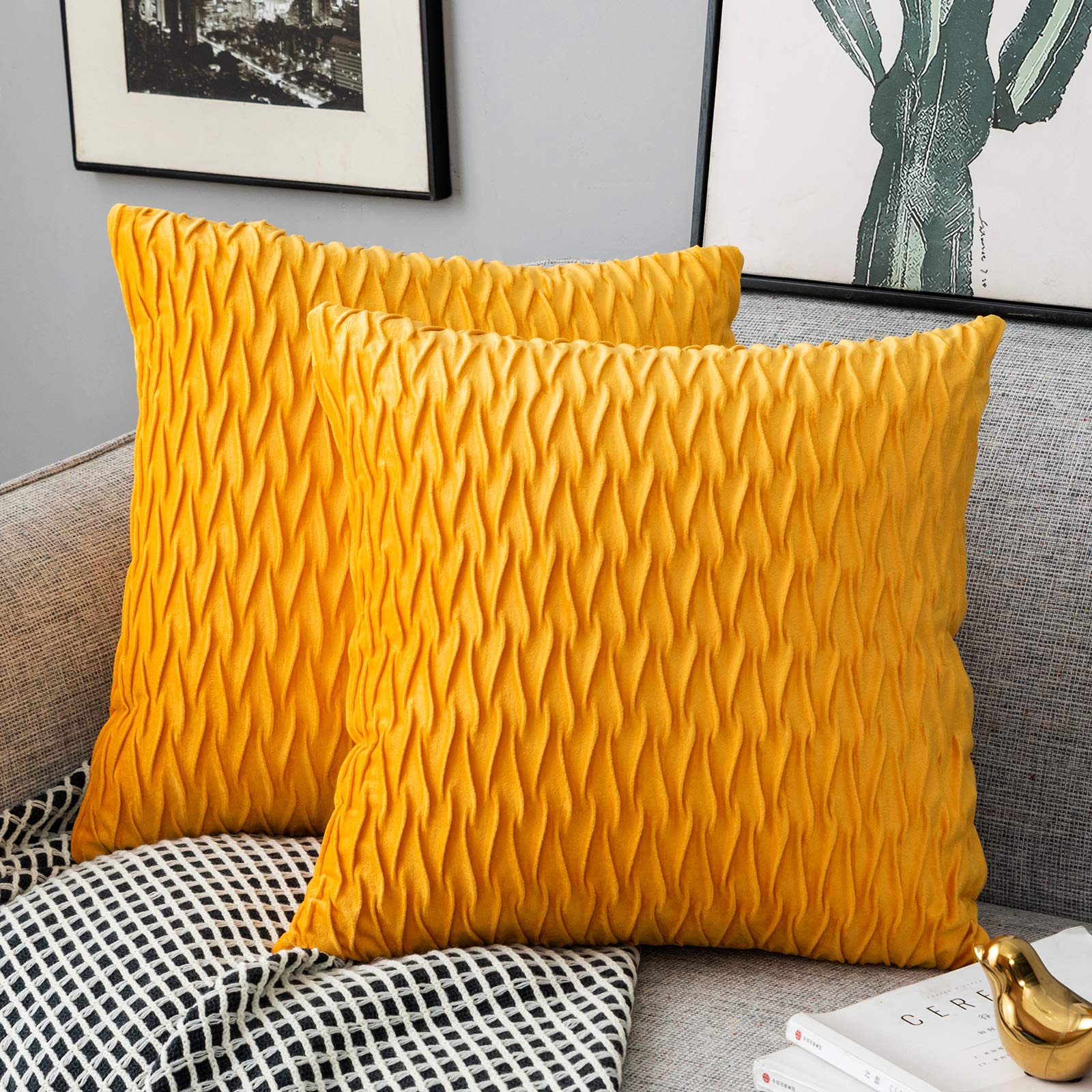 Pack of 2 Super Soft Velvet Cushion Covers 18x18 Inch, Yellow - Decorative Pillowcases for Sofa & Bed-image-67adfba4-0d4e-4bb3-be3b-f19091b0c7e2-56389