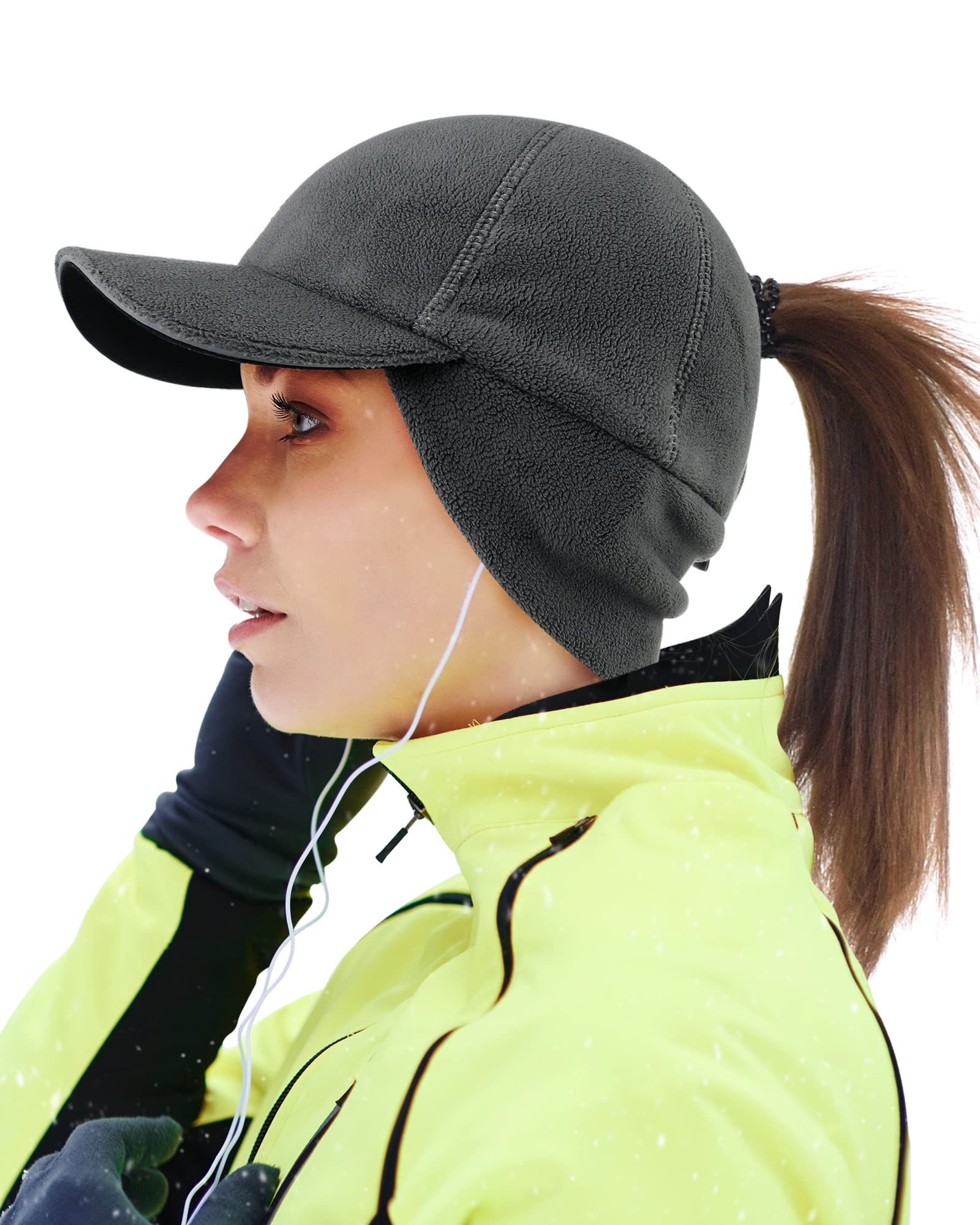 Warm Dark Grey Ponytail Hat with Earflap for Women - Fleece Winter Cap for Running & Outdoor Activities-image-f3734167-5734-42f5-b5ee-57ba939c4624-66380