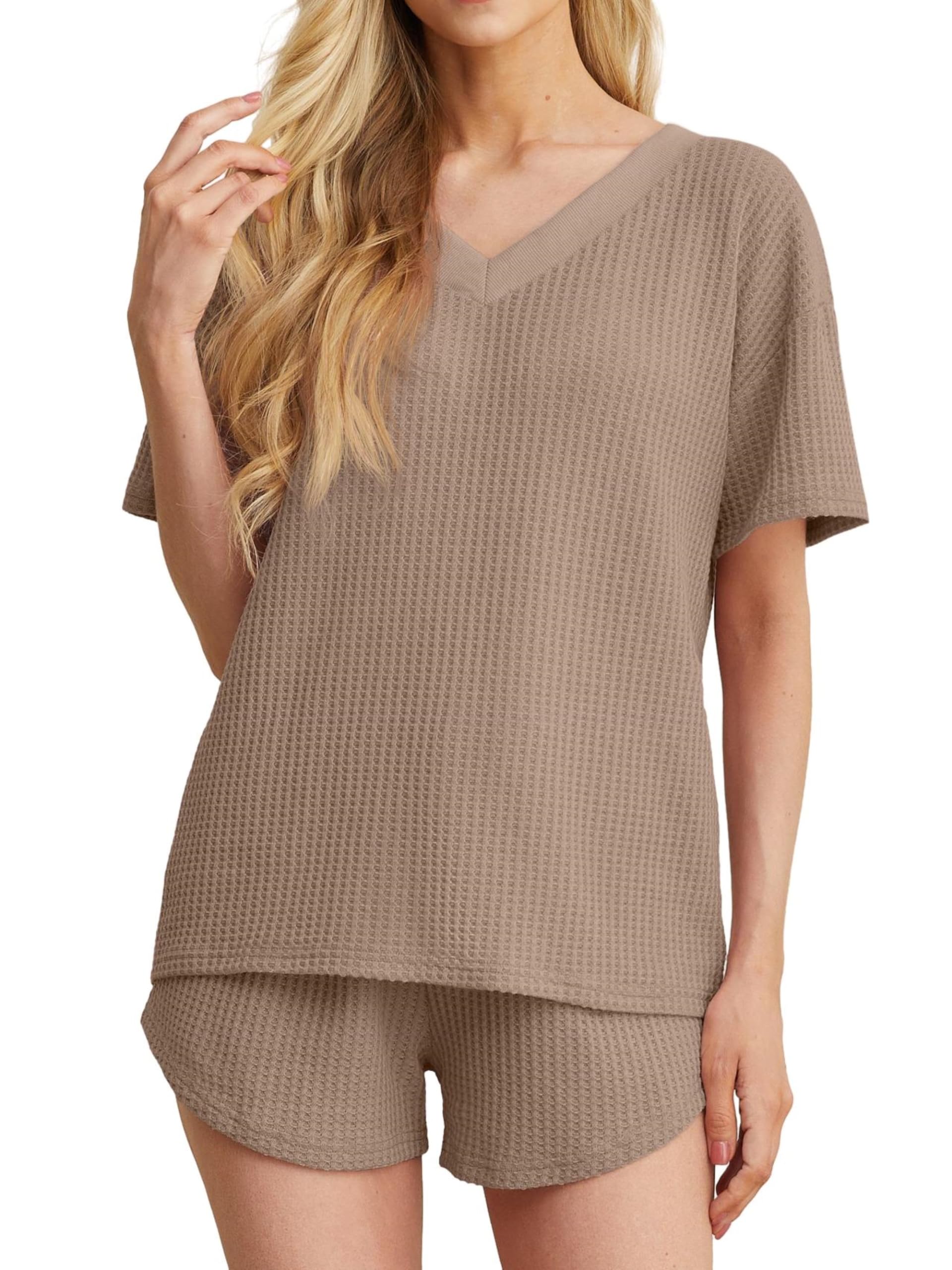 Women's Short Sleeve V-Neck Waffle Knit Pyjama Set - Soft, Loose Fit Lounge Wear in Khaki-image-a134c9df-0534-4819-a484-d2be6234a2e0-68418
