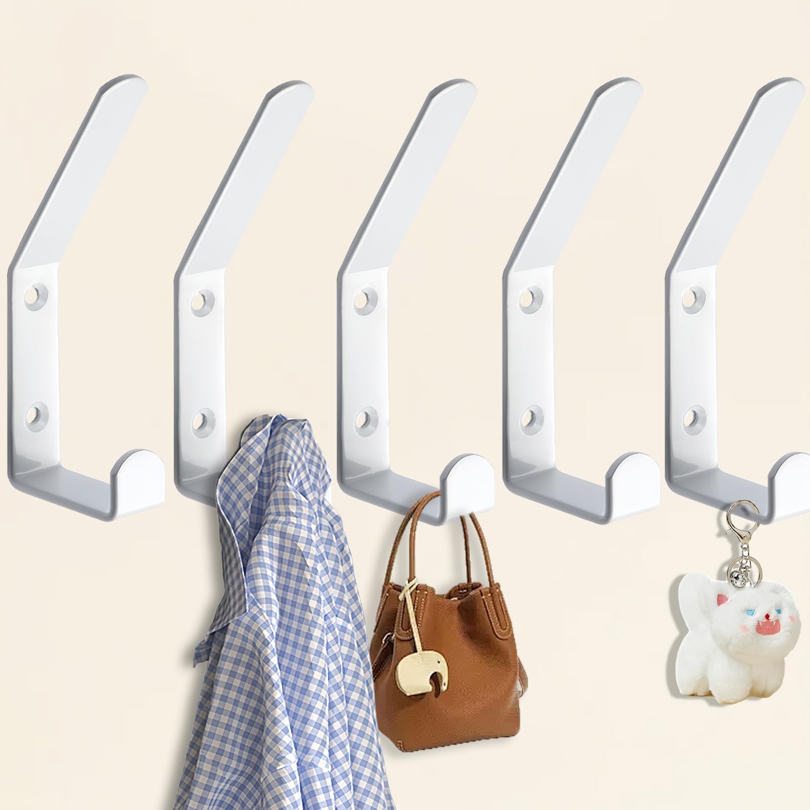 5 Pack Wall Mounted Coat Hooks, Heavy Duty Double Prong Hangers, Modern Metal Hooks for Bathroom & Bedroom - White-image-afbdc4e9-7659-44cf-a3ed-0f97ece7627c-68787