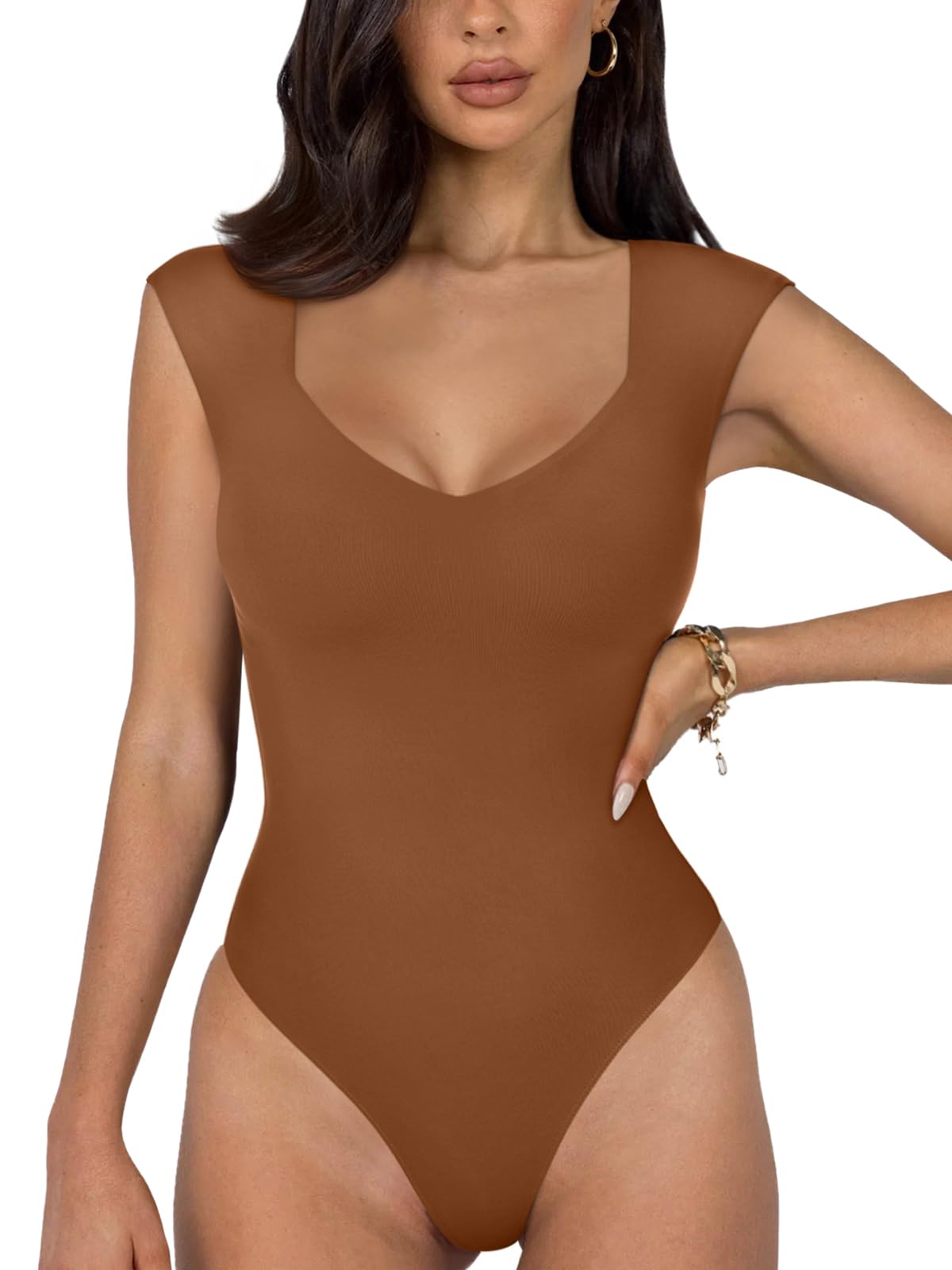 Women's V Neck Bodysuit - Brown Plus Size 2X-image-927e215c-146f-4c6d-94fe-48eccc1caf2f-90319
