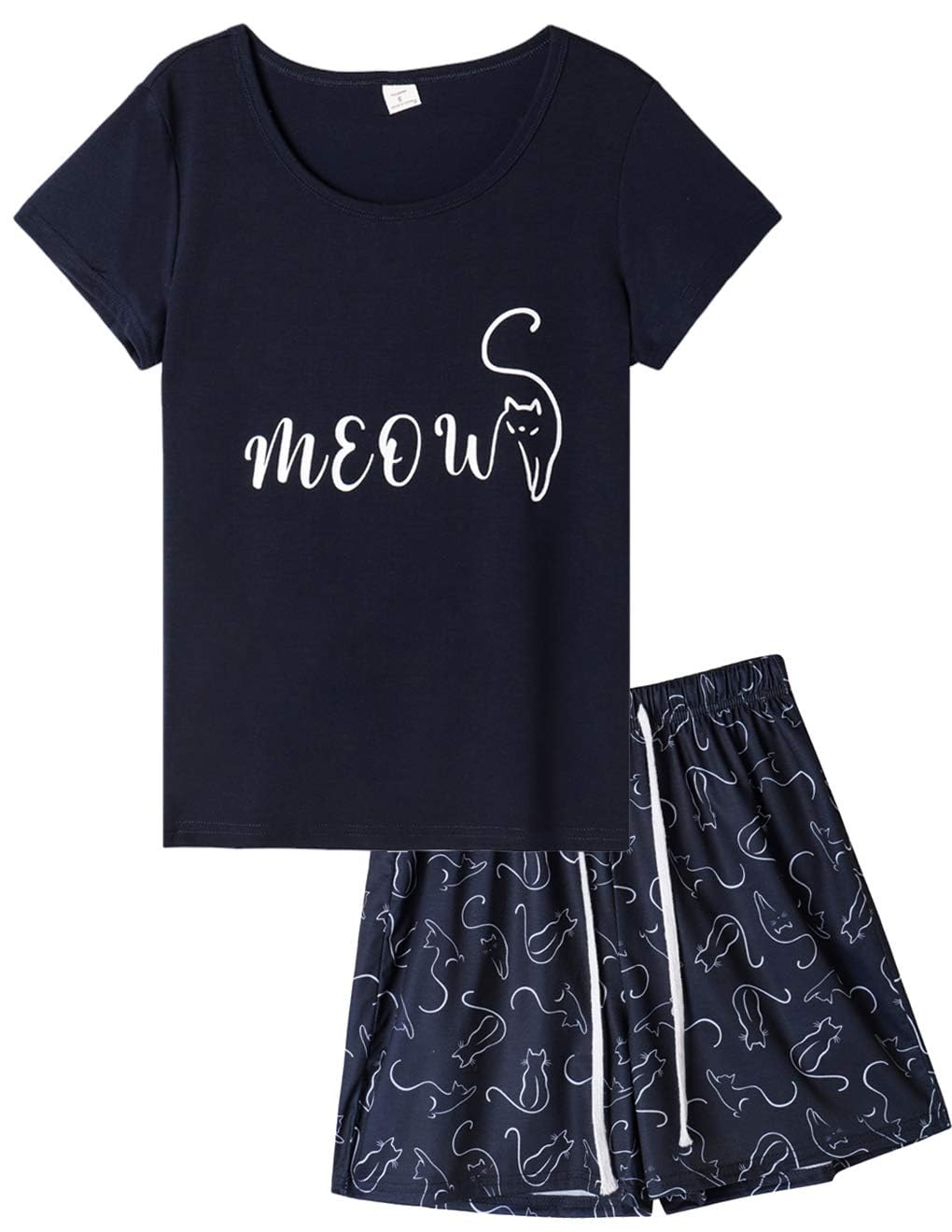 Women's Cute Cat Print Pyjama Set - Short Sleeve Top & Shorts, Comfy Summer Sleepwear (Navy, L)