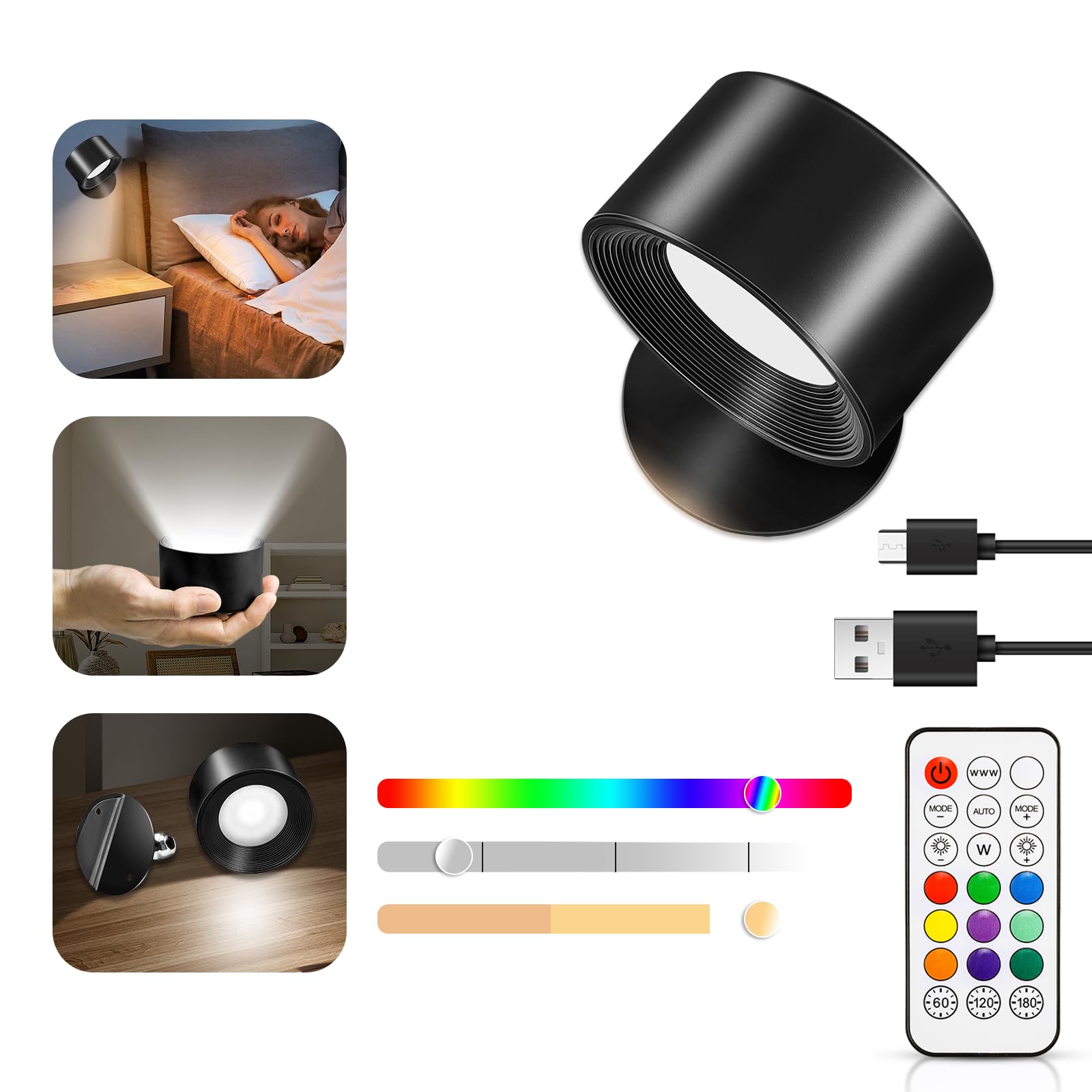 LED Wall Lamp with Rechargeable Battery, 3 Colour Temperatures, 9 RGB Colours, 4 Brightness Levels, 360° Magnetic Rotation-image-7e99dcf8-026e-4227-aa40-4b124c79c59d-65724