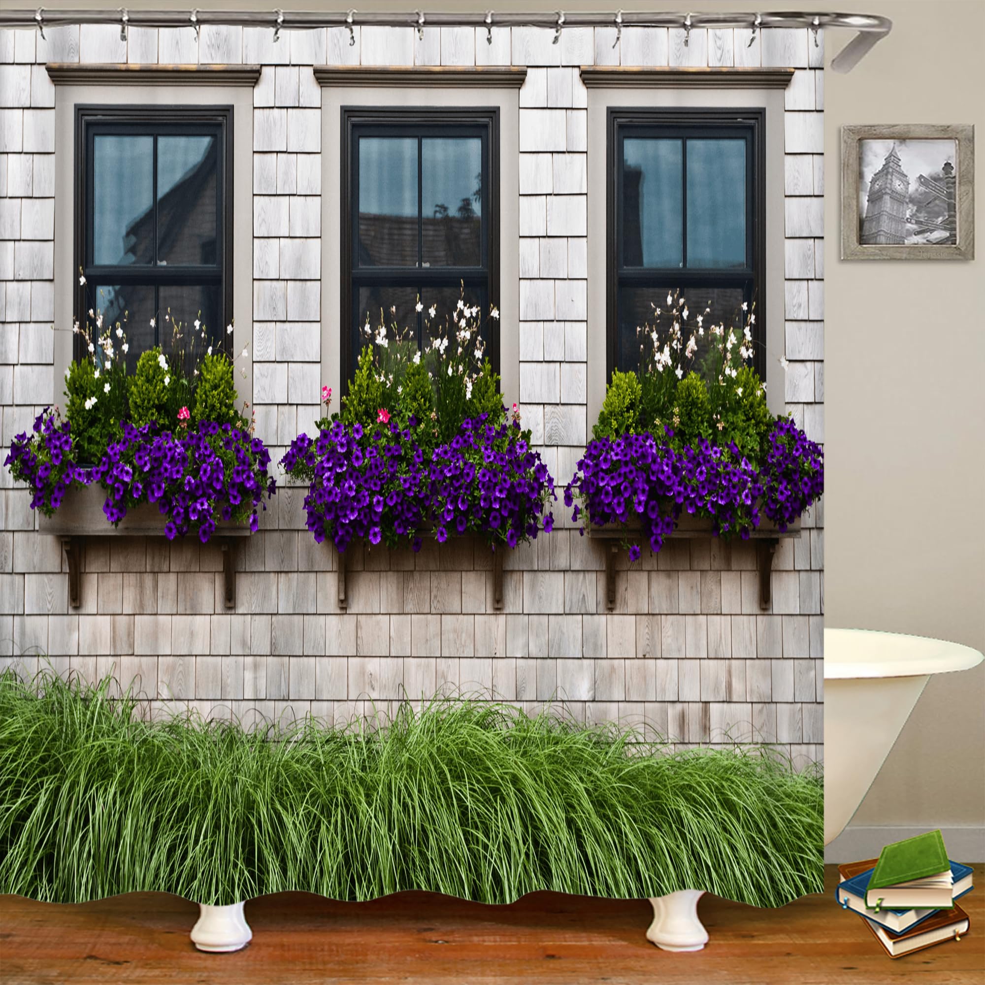 Waterproof 3D Garden View Shower Curtain with Hooks - 180x180cm, Purple Flowers-image-f90a37fb-da57-407b-bb1c-dd52304e06d3-56351