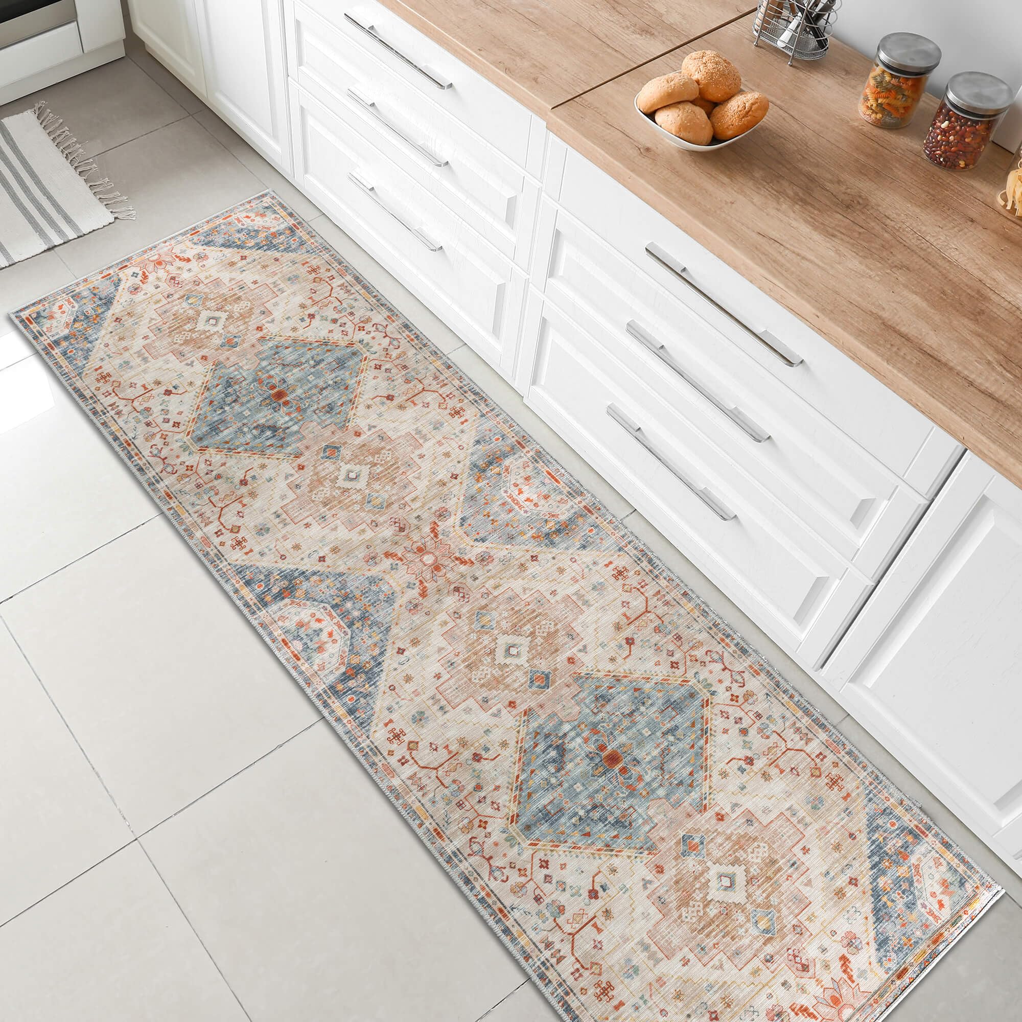 Machine Washable Runner Rug Non-Slip - Stone Blue/Beige/Rust 75cm x 240cm-image-afd18a40-5d4e-4db4-9091-112fd1ec9c2c-100774