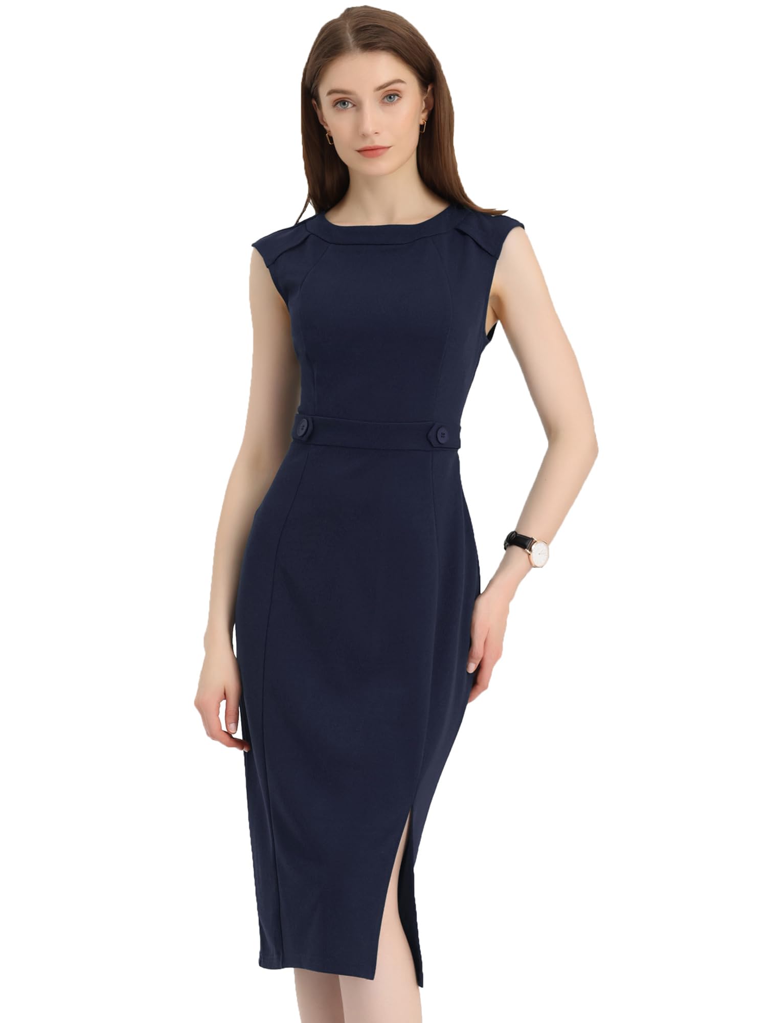 Women'S Navy Blue Sleeveless Sheath Dress - XL Slim Fit Pencil Style