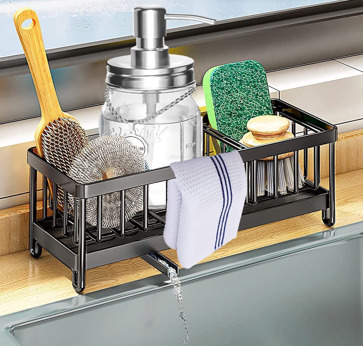 DMJWAN Black Stainless Steel Kitchen Sink Caddy with Auto Drain Tray for Organised Cleaning-image-5e138fc6-7aa0-4279-a2fb-ed1bbe6dbb06-57538