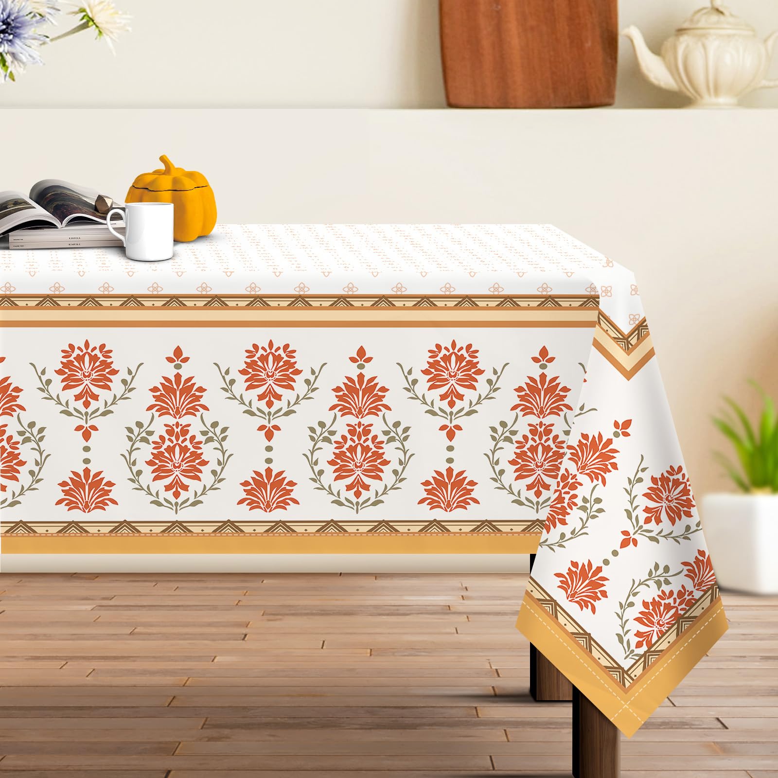 Waterproof Boho Floral Tablecloth, Orange Vintage, Stain Resistant, Washable, Perfect for Thanksgiving (152x213cm)-image-e1b4abd2-4c2e-4630-bc3a-cba9e0069ab5-64386