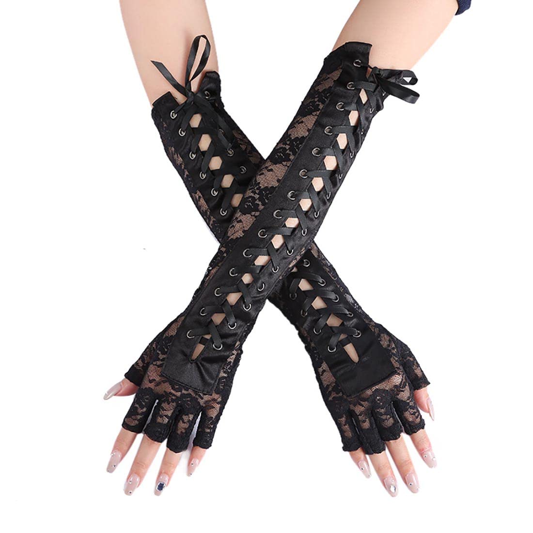 Lace Up Fingerless Elbow Gloves - Black One Size-image-31e5f55c-7219-48f3-8ae1-1d508c65145e-123485