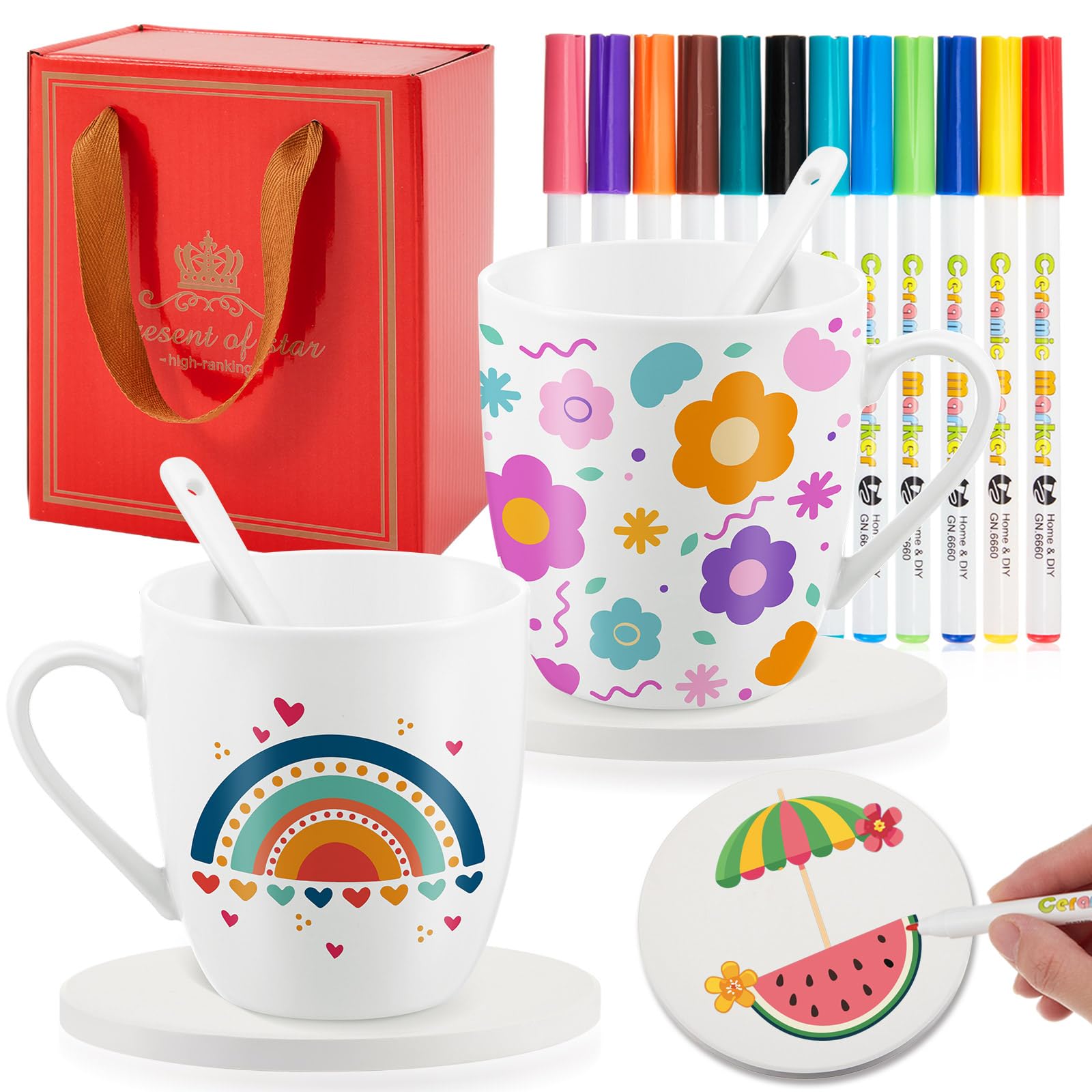Paint Your Own Mug DIY Kit - 280ml Ceramic Mugs with Spoon, Markers & Coasters for Crafts & Gifts-image-0bf68cb1-dee1-45ff-a244-bdf3b30218bd-46522