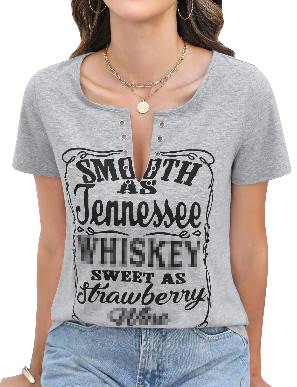 Women's V Neck Short Sleeve Graphic Tee - Grey, M-image-ac25eb4b-b3b1-4c24-b460-57cbac3a5a6a-55152