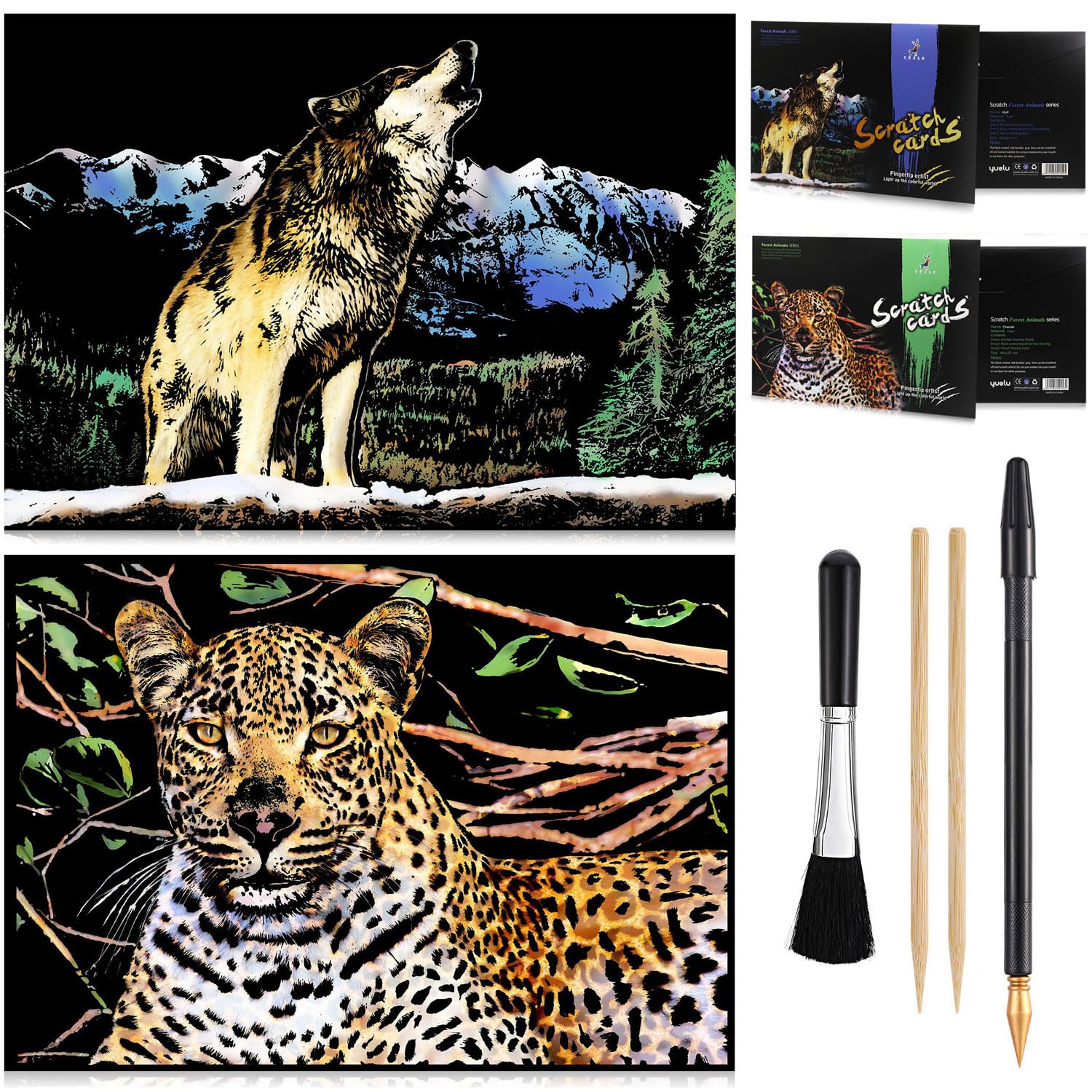 2 Pack Animal Scratch Art Set - Rainbow Painting Paper, Creative DIY Gift for Teens & Adults, 16'' x 11.2'' (Wolf/Cheetah)-image-ffe213f0-245a-4e2b-8f81-de9af8e3ccda-74450
