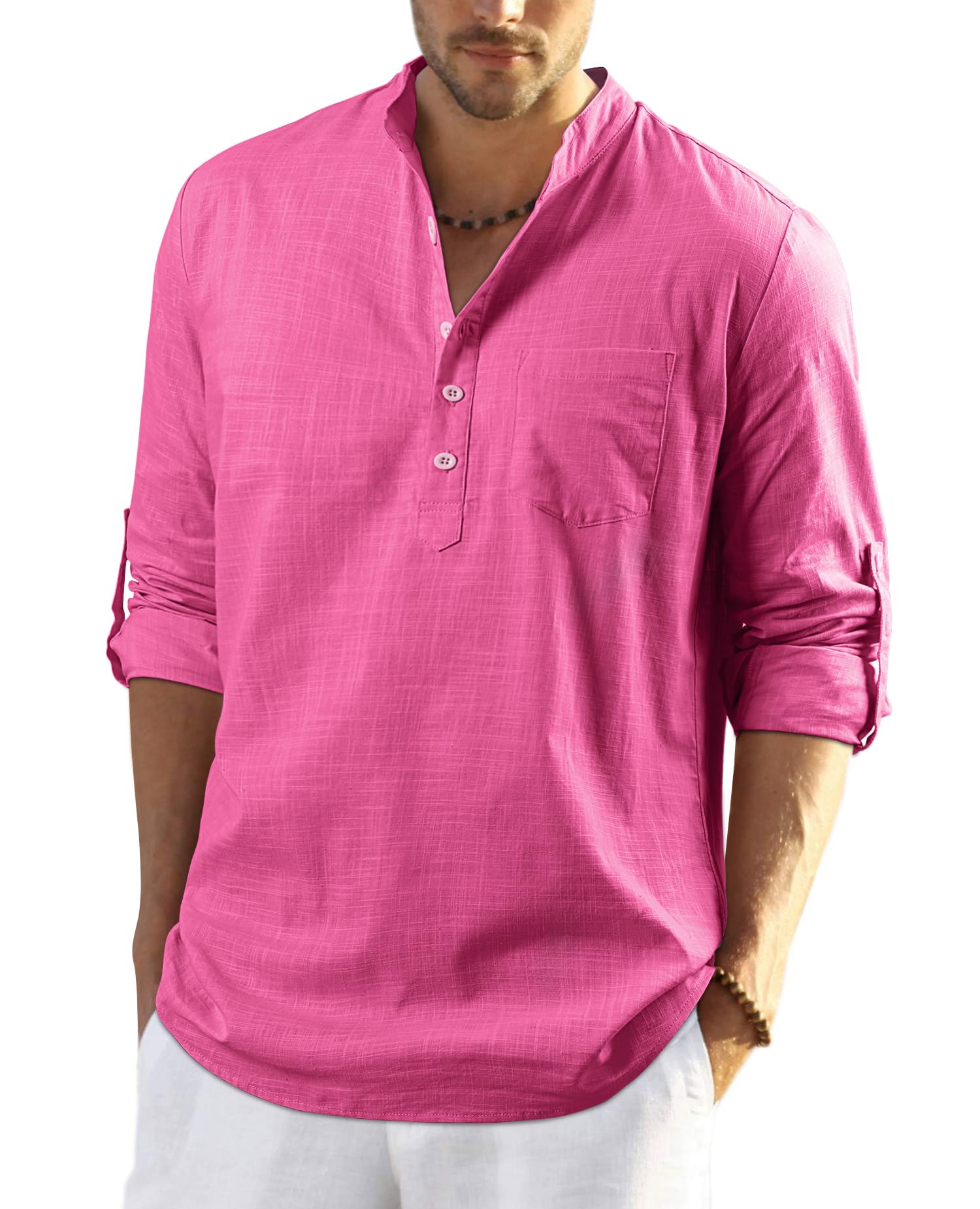 Men's Cotton Linen Henley Shirt - Hot Pink S-image-1a76a511-67ba-4836-b4bd-09a53abc67a2-107001