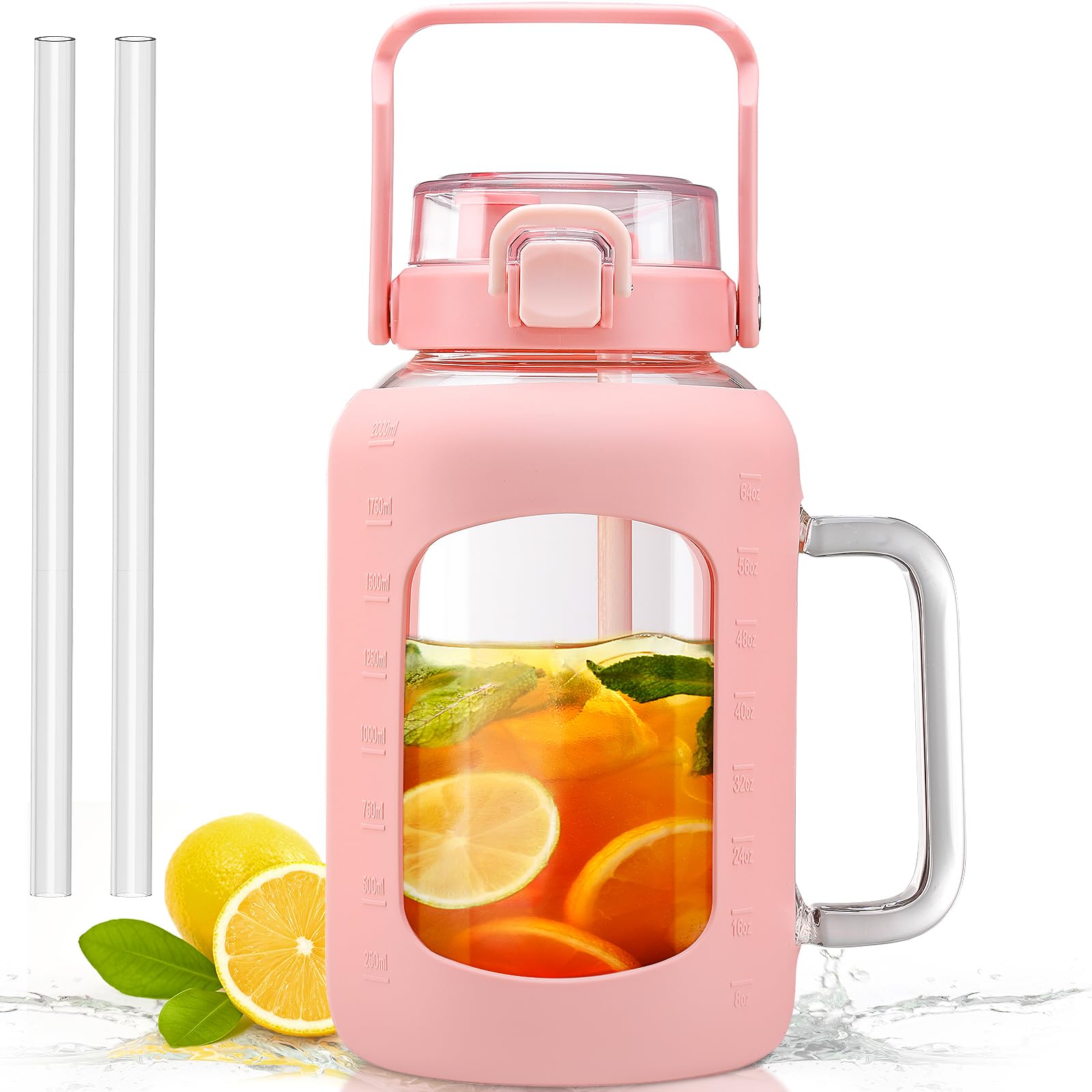 2L Glass Water Bottle with Straw & Marker - Pink 1893ml-image-eb91e078-cb0e-44e5-b46f-cafeee1370a8-98988