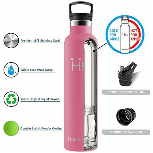 HoneyHolly Vacuum Flask Double Walled BPA Free Stainless Steel Vacuum Insulated Water Bottle 1L With Straw Suitable For Carbonated Bottle