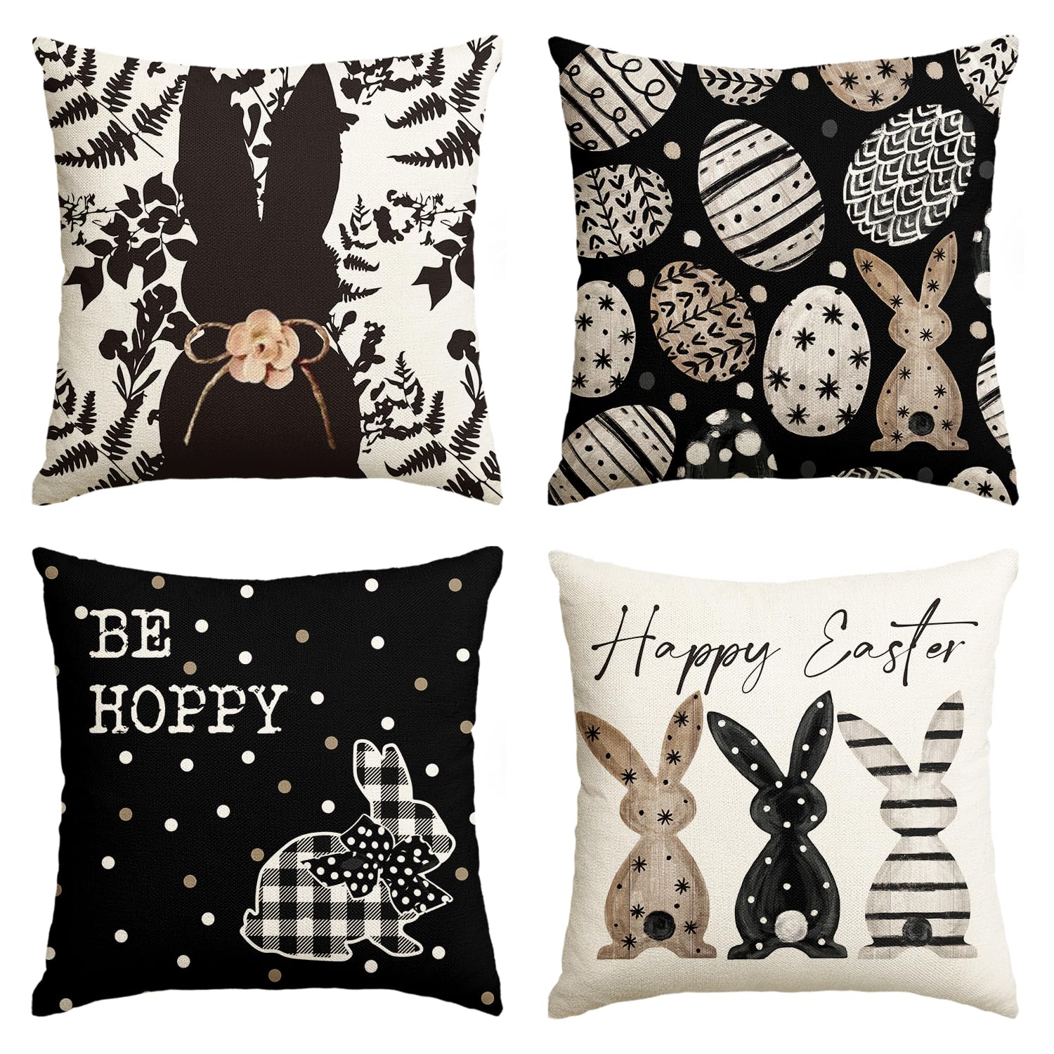 Set of 4 Black Points Easter Cushion Covers 45x45 cm - Bunny Rabbits & Leaves Decor-image-92757286-fa7a-4000-a4ee-345598034ef2-65071