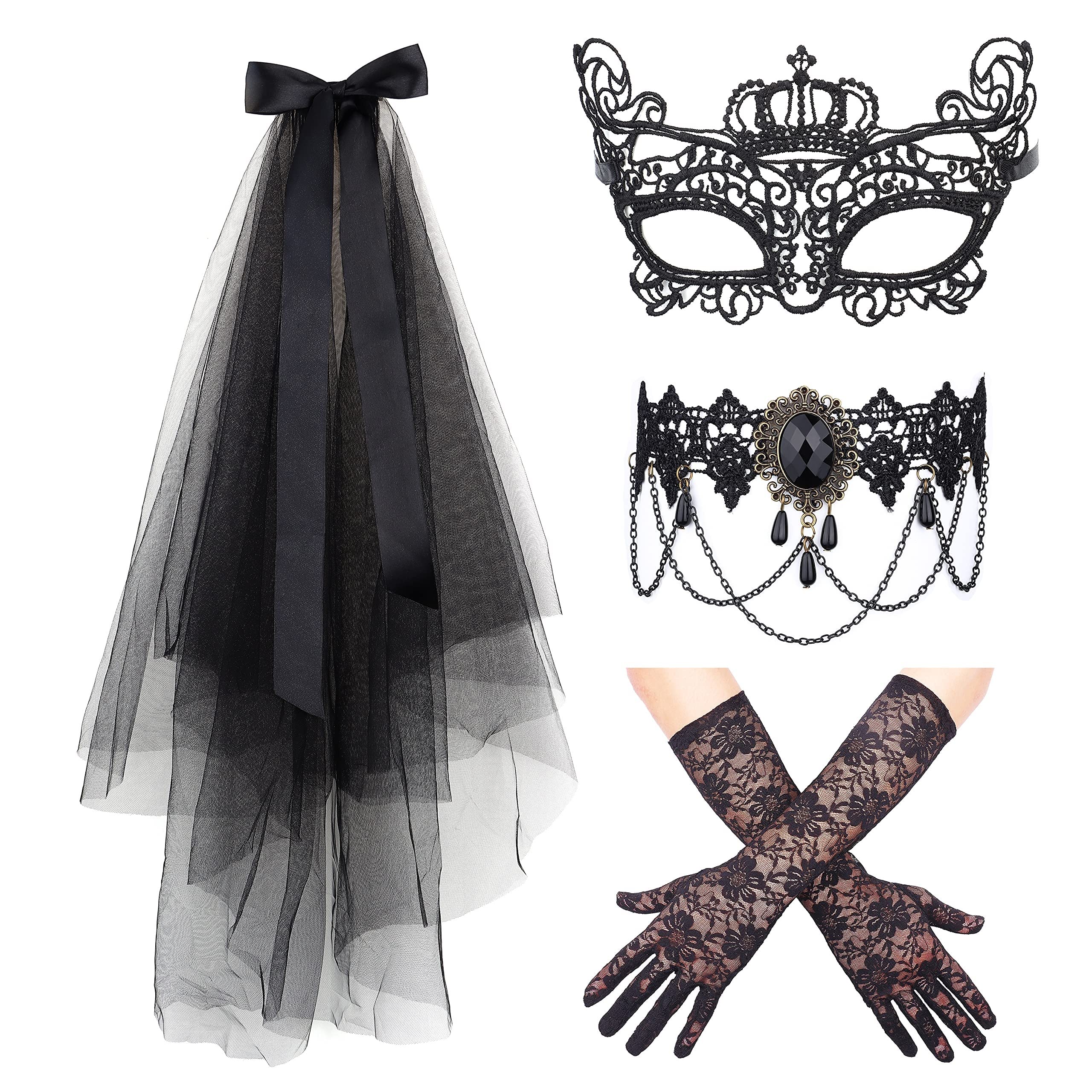 JeryWe Gothic Lolita Halloween Costume Set: Choker, Lace Gloves, Masquerade Mask & Veil-image-3fa8a085-a151-4e51-bc47-0798e07f9366-33555