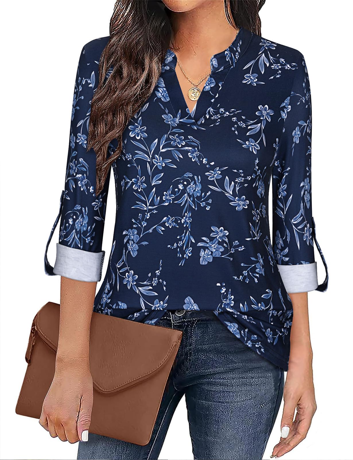 Ladies Tunic Blouse - Versatile V Neck Tops, 3/4 Sleeve for Casual or Dressy Occasions - Syphiby-image-aa1f156c-79b5-4826-a73c-c3a18c66fd3e-68733