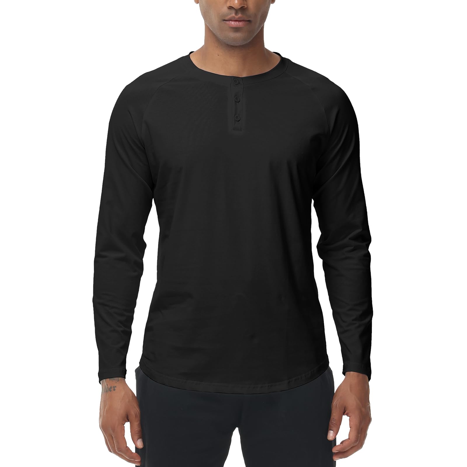 Mens Casual Henley Shirt Long Sleeve Button Down Workout XYKJFIT Black