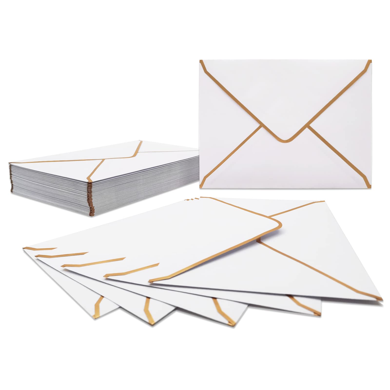 50 PCS White A7 Invitation Envelopes 5x7 Inch V-Flap Quick Seal with Gold Border for Cards, Weddings, Birthdays