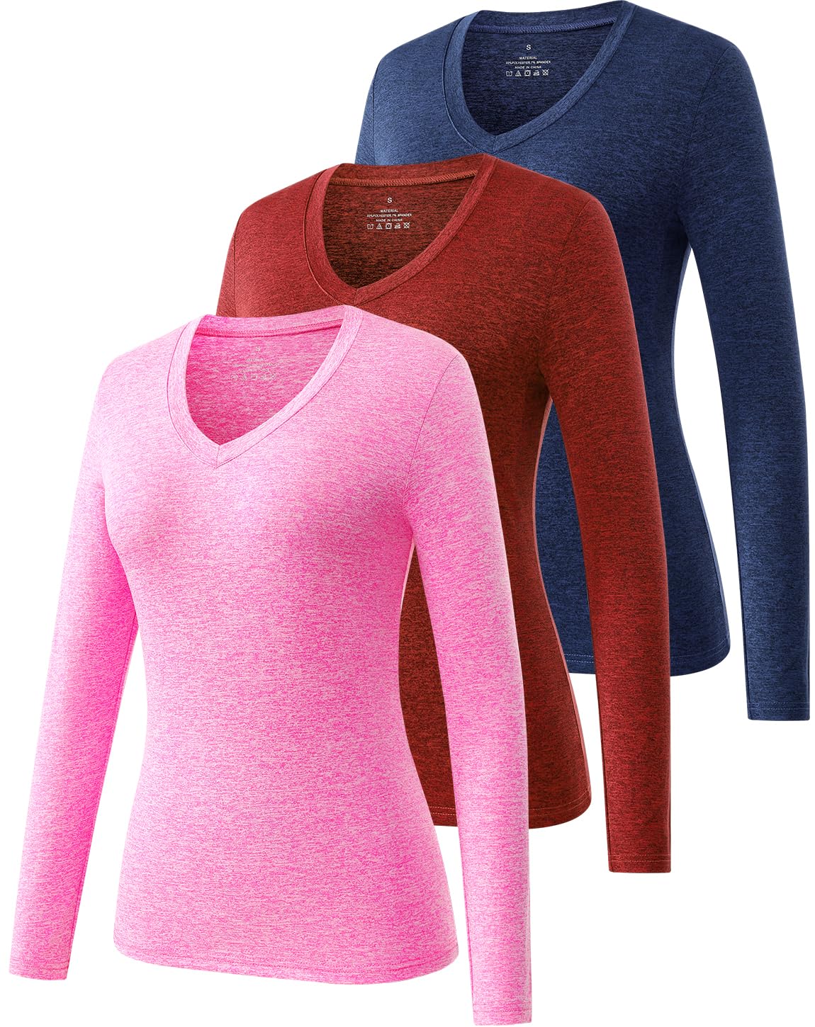 3 Pack Women's V Neck Long Sleeve Athletic Tops - Moisture Wicking Yoga Compression Shirts - Navy/Wine/Pink-image-1a90becd-cd62-479f-9dc9-64a8d75415e1-79261