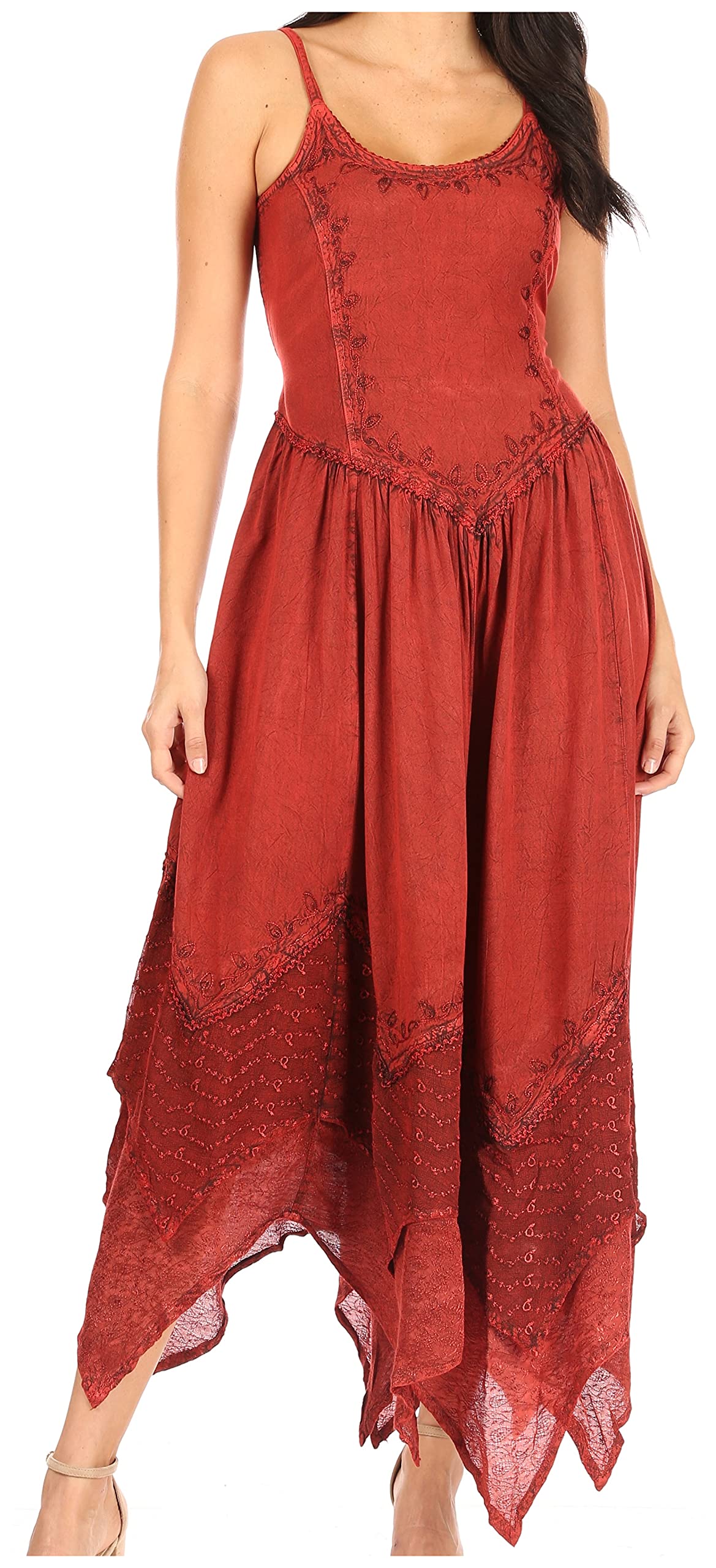 sakkas stonewashed rayon embroidered adjustable spaghetti straps long dress Sakkas Stonewashed Rayon Embroidered Adjustable Spaghetti Straps Long Dress - Green - S/M