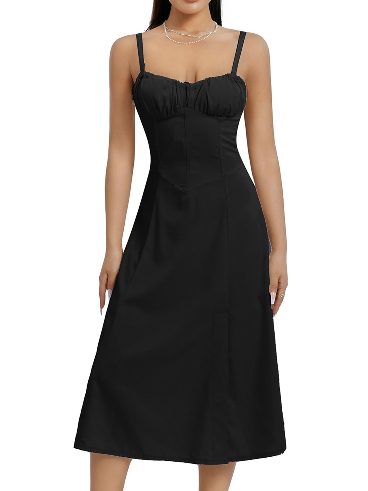 Women's Y2K Square Neck Bustier Maxi Dress - Black, M - Cottagecore Style, Spaghetti Straps, Ruffle Design-image-07000709-4d4a-43ef-b65e-cc3b1f33f440-67472
