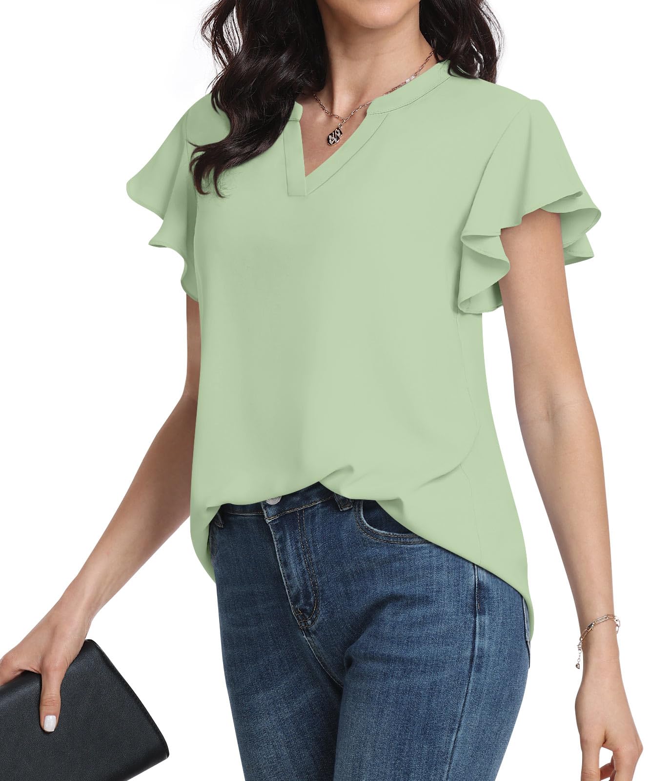 Anyally Women’s Notch V Neck Tops Dressy Casual Chiffon Blouse Summer