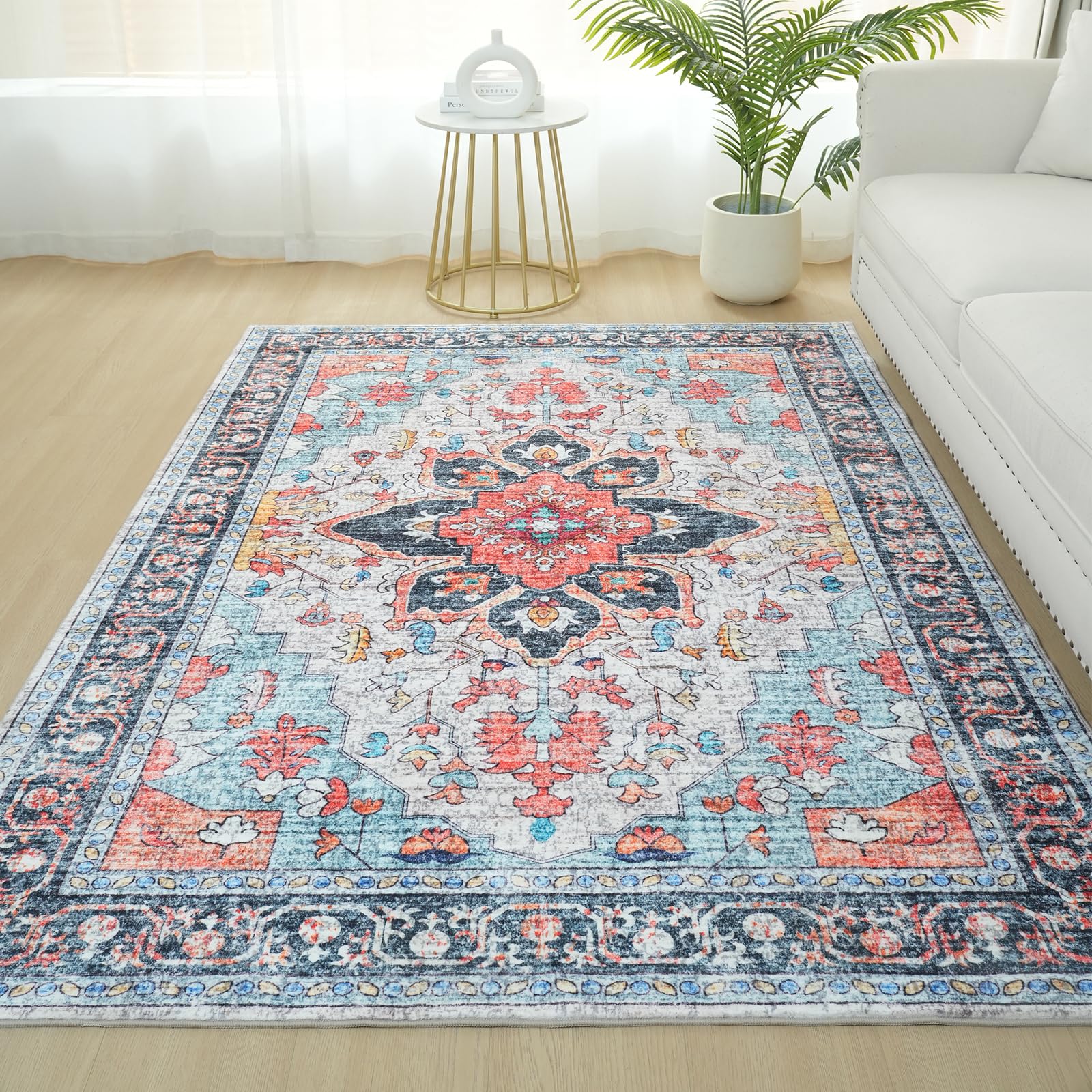 Vintage Short Pile Rug Non-Slip - Multi Blue 120x170cm-image-76a2797d-780c-40fe-ad9d-24b67fa7e87d-103258