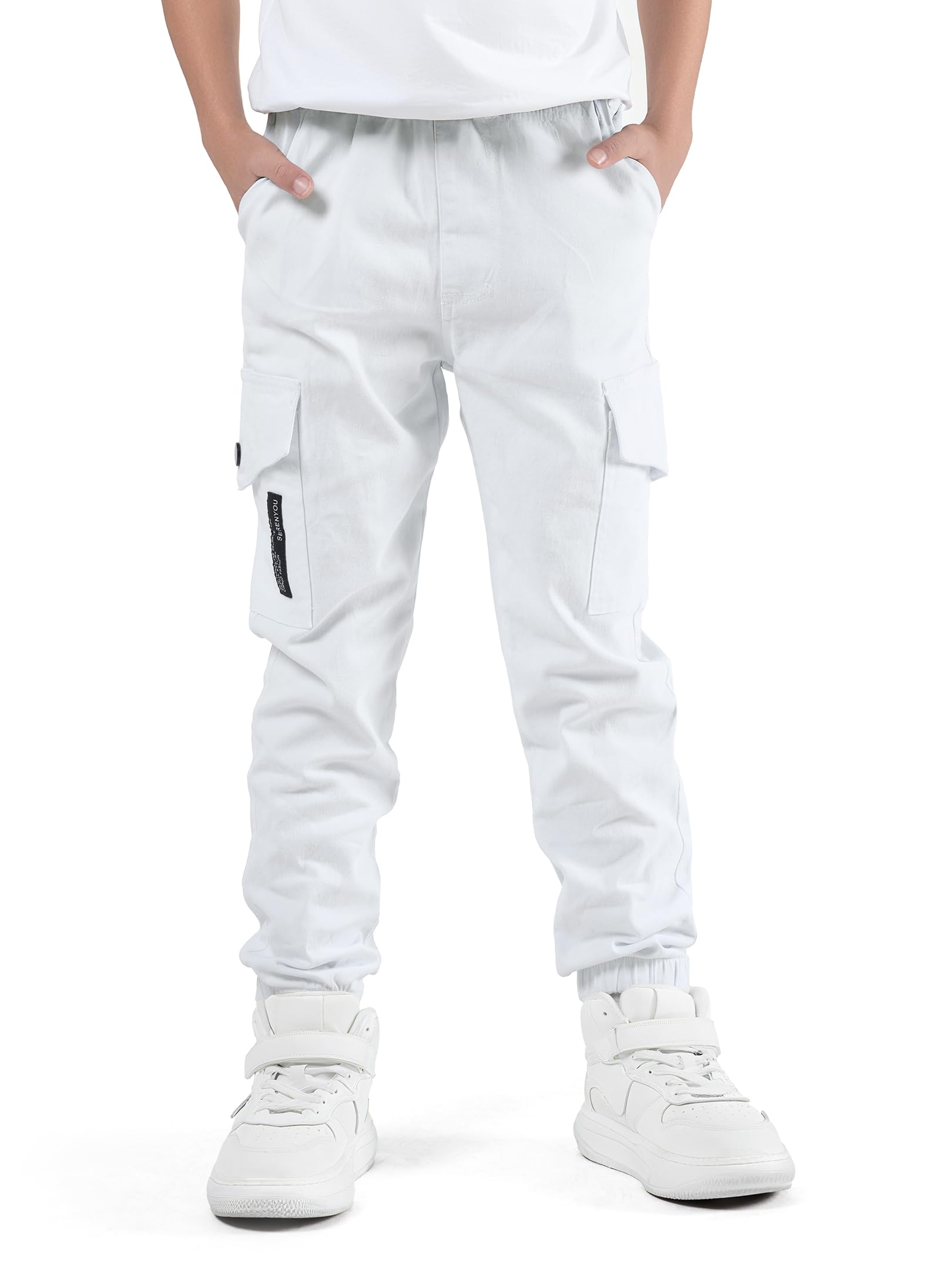 Boys Cargo Pants Elastic Waist Joggers with Multi Pockets, White, Ages 12-13, Comfortable and Stylish