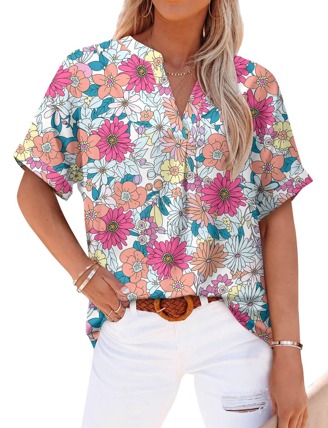 ファッション Magritta Short Sleeve Floral Blouses for Women Stylish Loose Fit Button Up w9G4hQHZPptqyMFJ3IrW3EvDpw9ntf