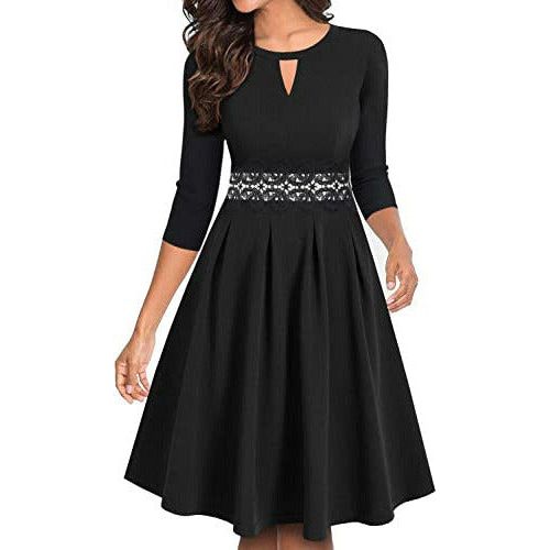 ihot Women Casual 3/4 Sleeve Flared A-Line Swing Party Cocktail Dress with  Pockets Black XL