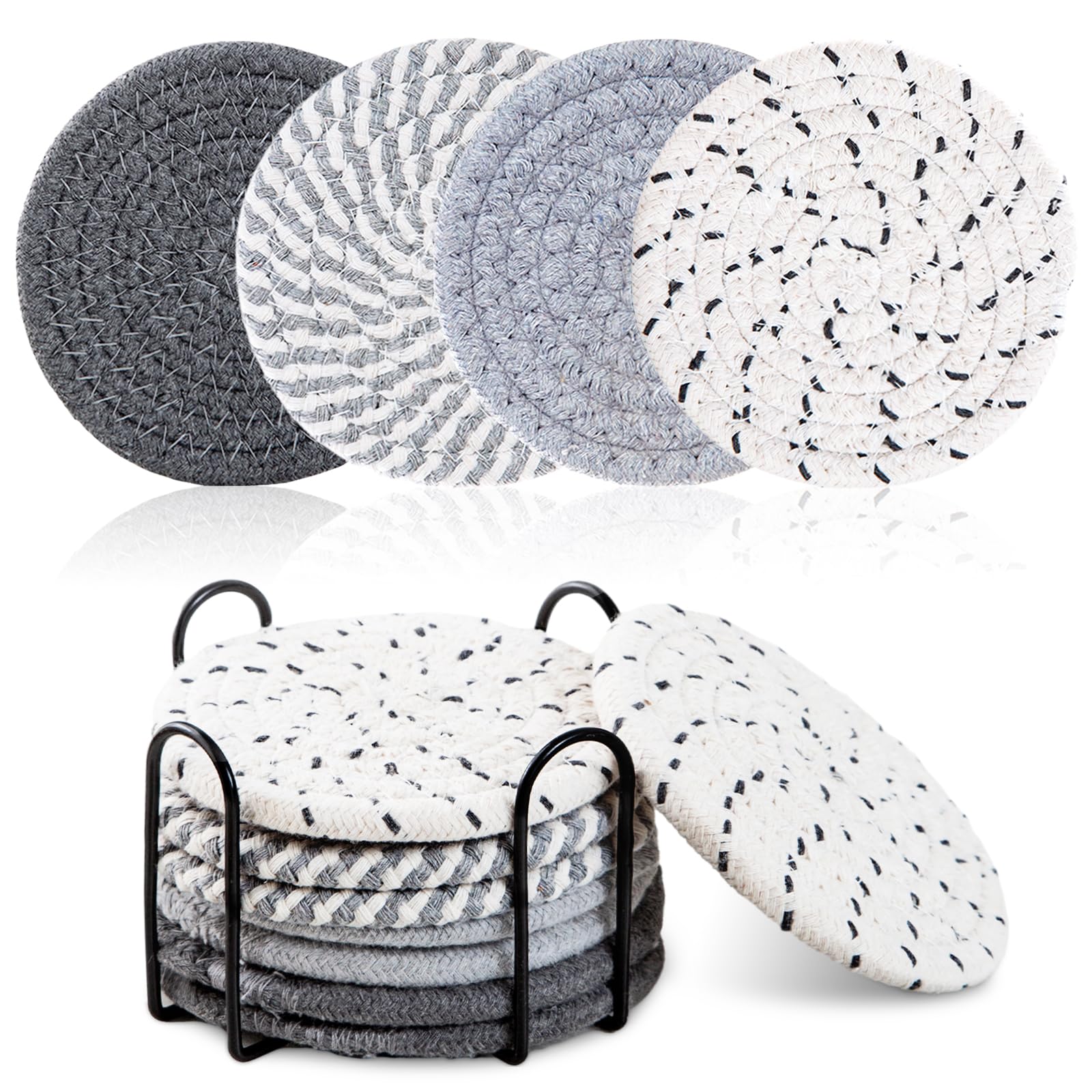 8 Pack Twilight Gray Boho Cotton Coasters Set with Holder - Stylish & Absorbent Drink Coasters-image-4c310591-c587-4080-9ce9-e74168ff4e6c-66110