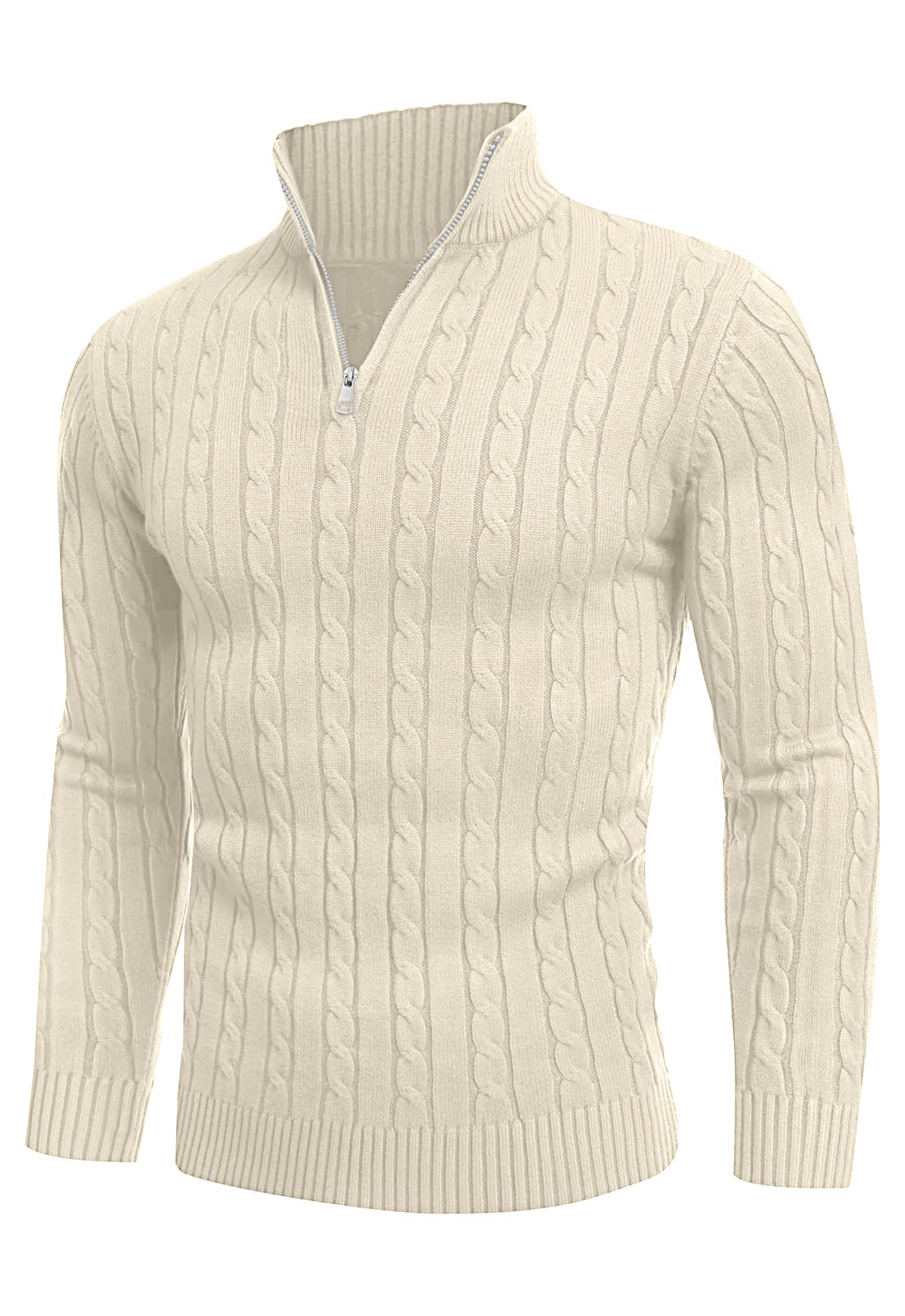 Men's Quarter Zip Cable Knit Jumper - Beige XXL-image-a3cc90d2-3ebf-4178-a96d-5ee1c2f2b763-101299