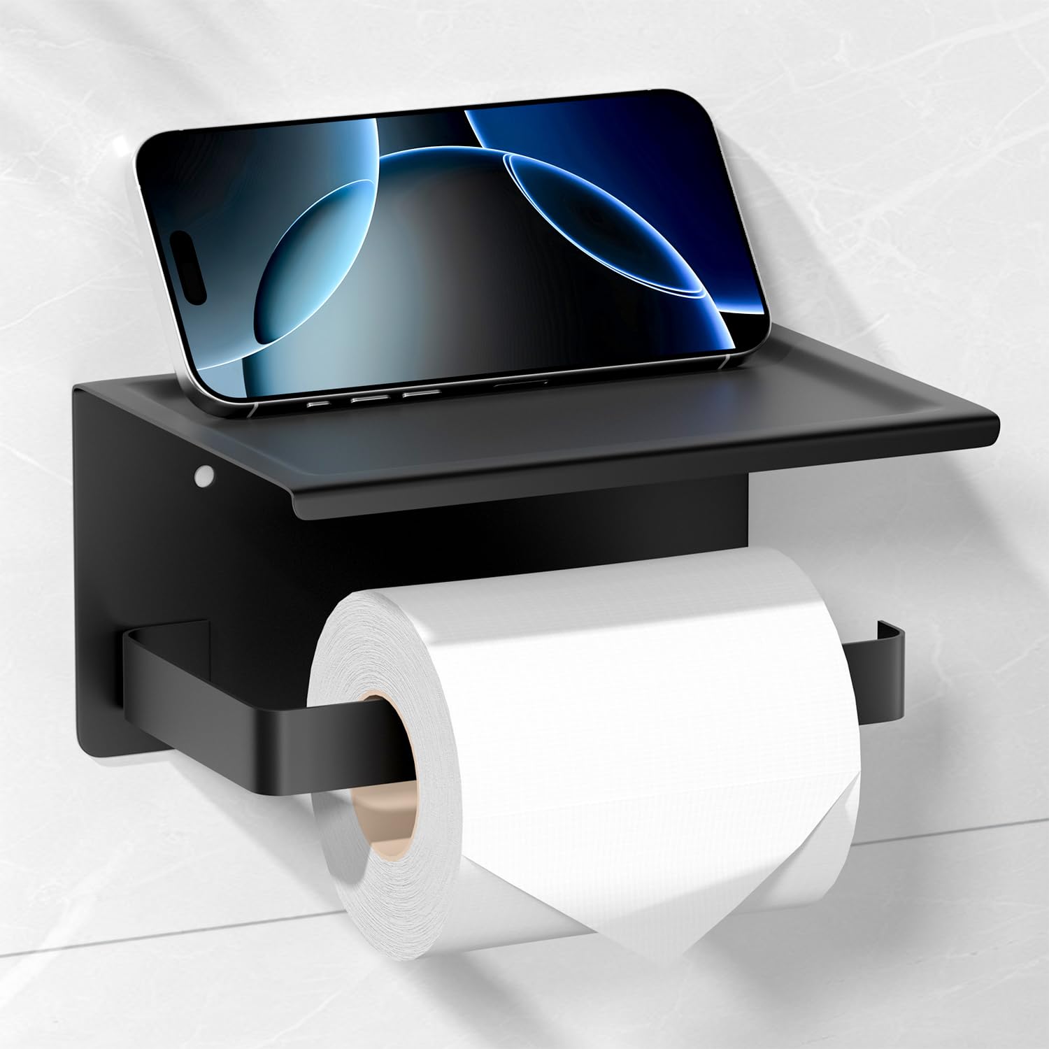 Matte Black Toilet Roll Holder with Shelf - Self Adhesive or Screw Wall Mount, Rustproof Stainless Steel-image-79512206-2e7c-4d82-921b-503d37eb2977-59791