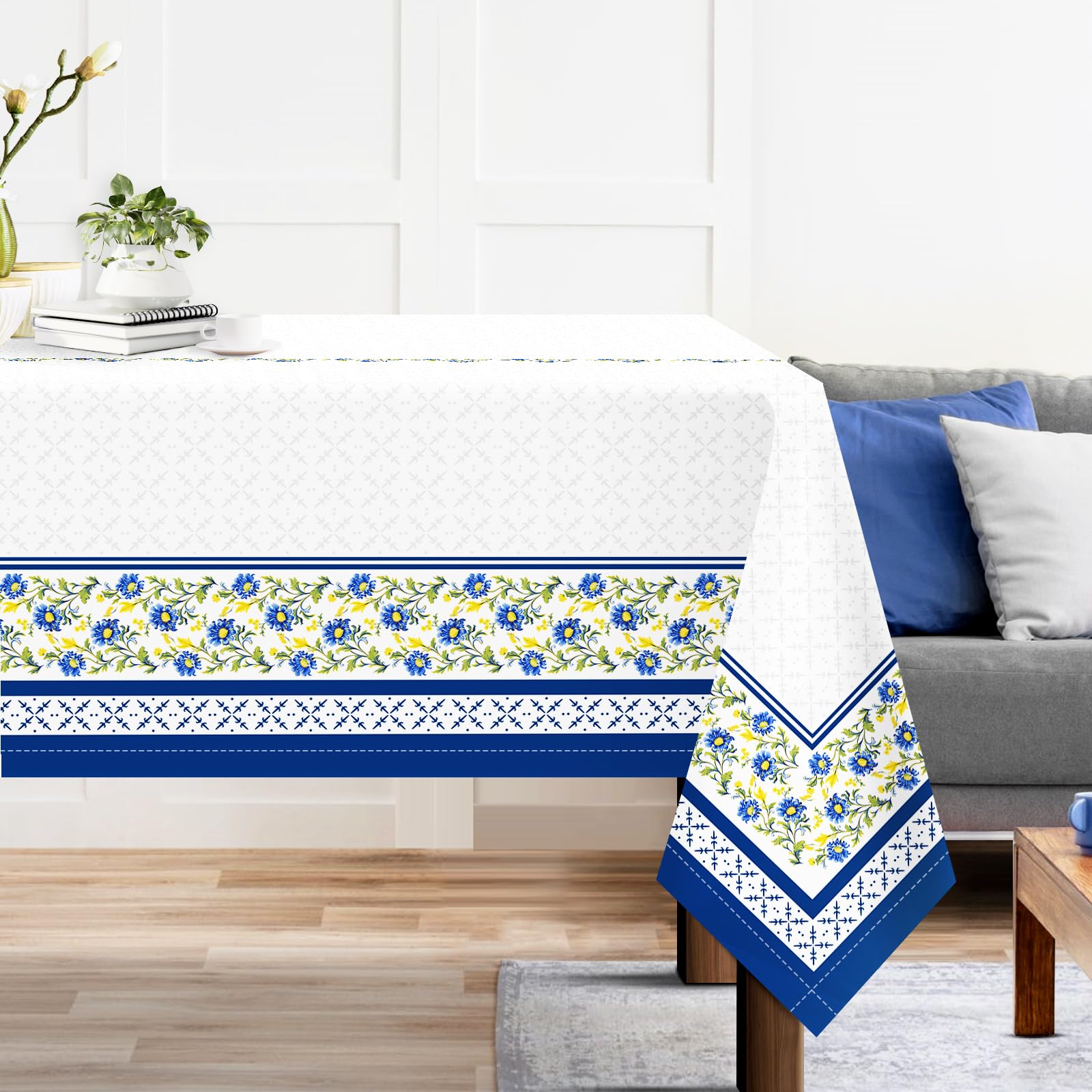 Arquiel Tablecloth Waterproof, Blue White Bordered Decor(152×213cm)-image-c873ffd0-a4af-4491-bf35-4e2d4f766f7c-37905