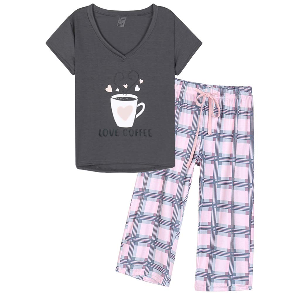 Women's Pyjama Set V Neck Top & Capri Pants - Grey M-image-0fbd1be0-87ed-4ebd-a133-d5bf4ccf6bef-90023