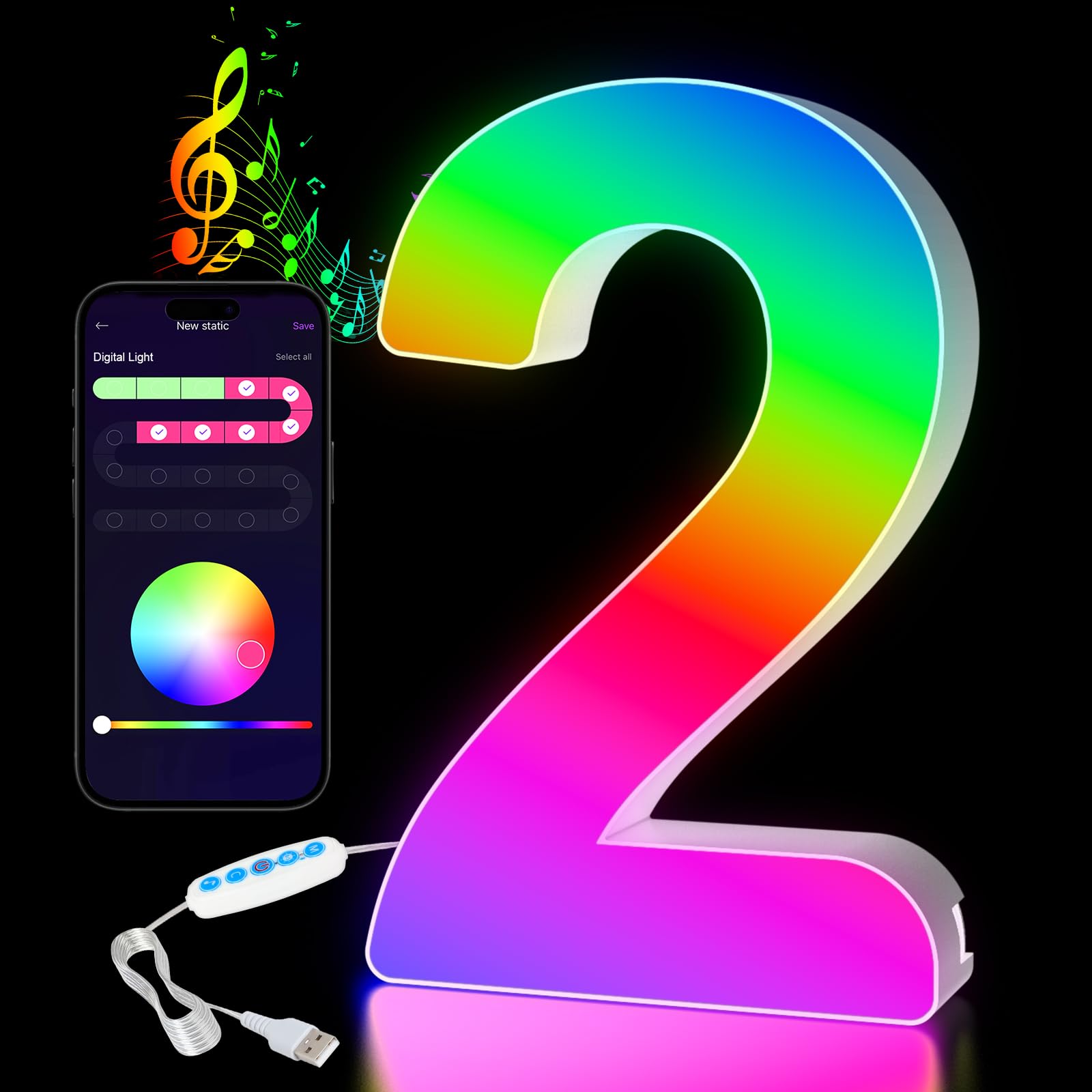 LED Number Light - Colour Changing Marquee Sign for Parties, Table & Wall Décor, Number 2-image-5c90cc6e-41c8-4743-a1f5-cb6aabb25ca4-68798