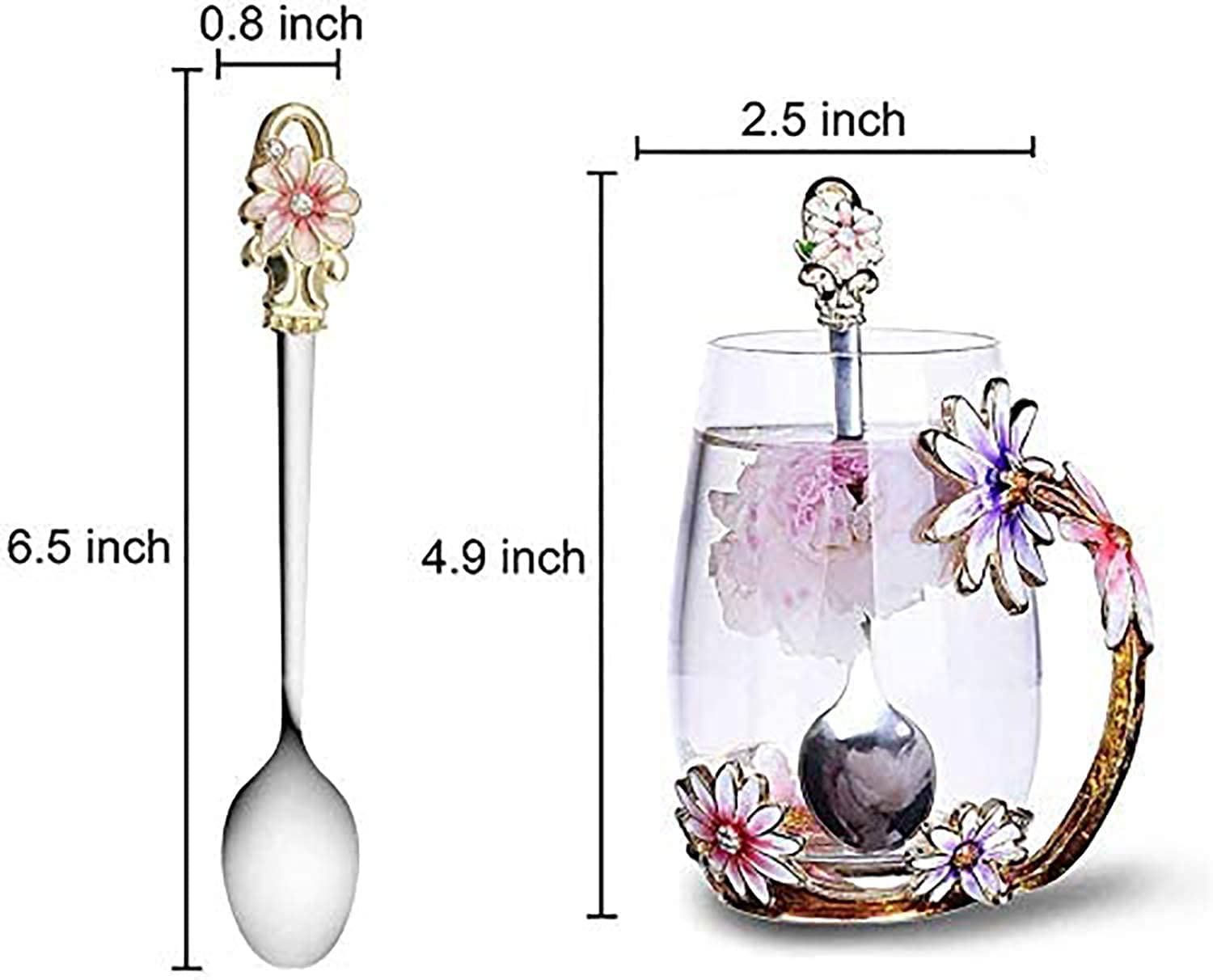 Vintage Glass Tea Cup Set With Lid & Saucer - Enamel Daisy Flower Design 11oz Coffee Mug