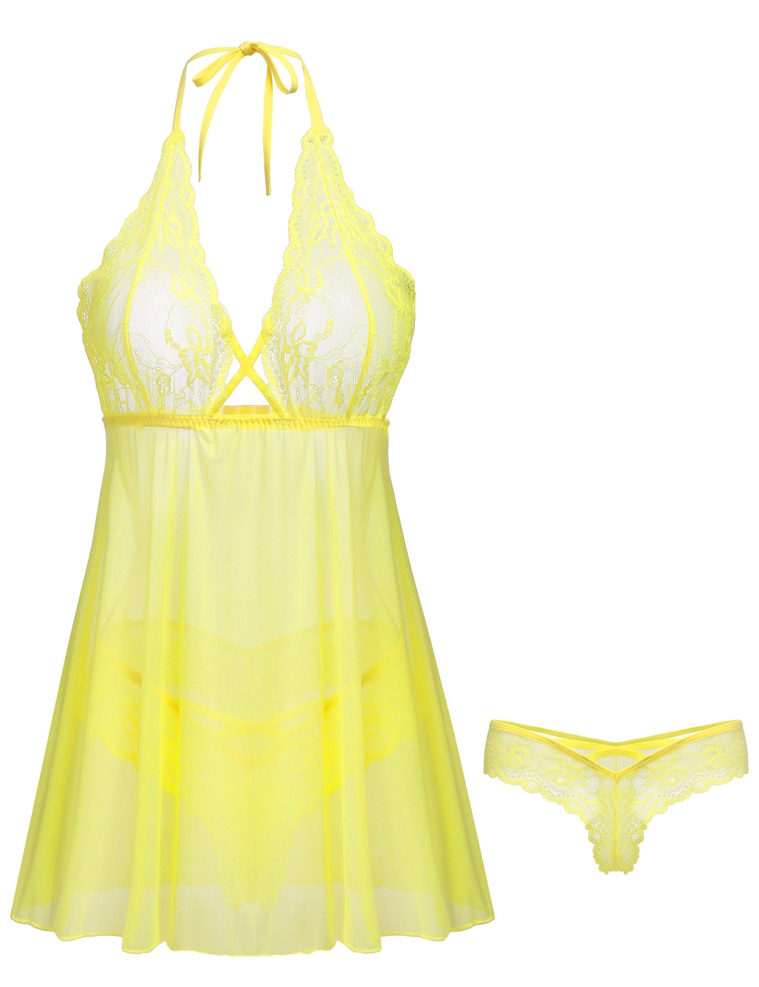 Amorbella Women Lingerie Lace Babydoll Set V-Neck Dress(Yellow,Large)-image-da2a9718-e2aa-470c-9708-e0cf444089c4-35439