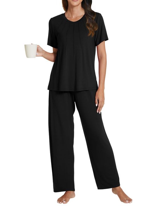 Women's Soft Short Sleeve Pajama Set with Comfy Loose Long Pants - Black, Size S-image-fe857fe0-ea81-4399-b57b-bb03349372cb-79887