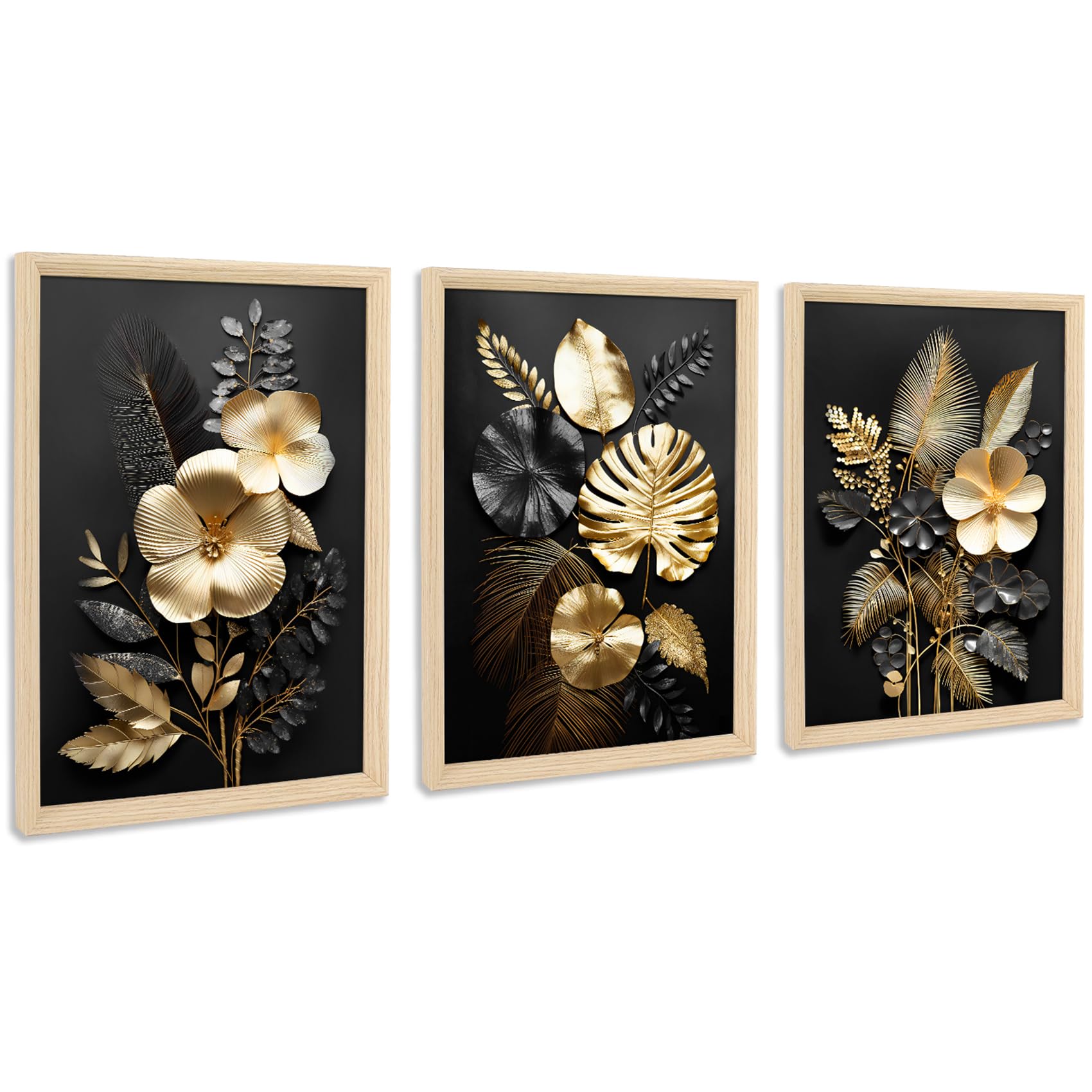 3D Canvas Wall Art Set - 3D Black Gold Flowers 30x40cmx3-image-0bb34240-3694-47f5-bdf6-4aeca8cb4449-108001