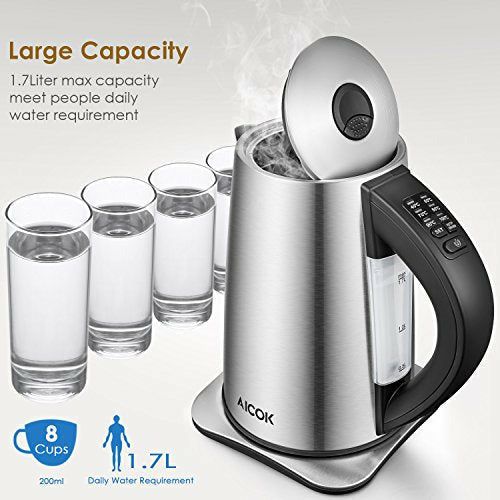 Aicok Electric Kettle Adjustable Thermostat, preset temperatures for Tea  Kettle Stainless Steel Kettle Automatic Stop 2200W Silver