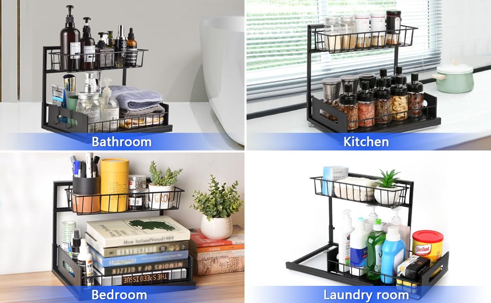 Under Sink Pull-Out Organizer - 2-Tier Sliding Shelves, Adjustable, Black, Fits Around Pipes