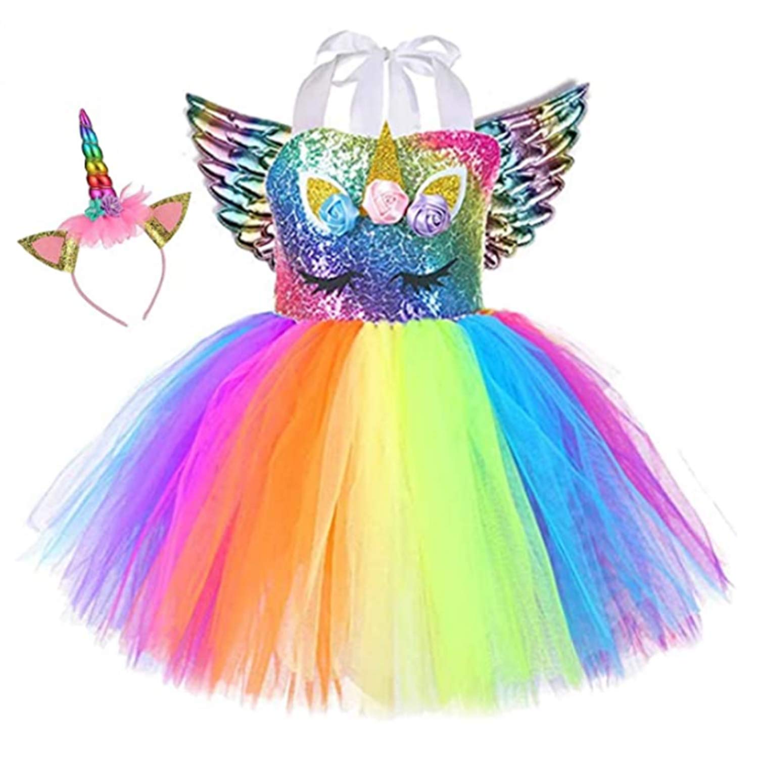 Girls Unicorn Tulle Tutu Dress Fluffy Rainbow Birthday Outfit With Headba Girls Unicorn Tulle Tutu Dress Fluffy Rainbow Birthday Outfit With Headba