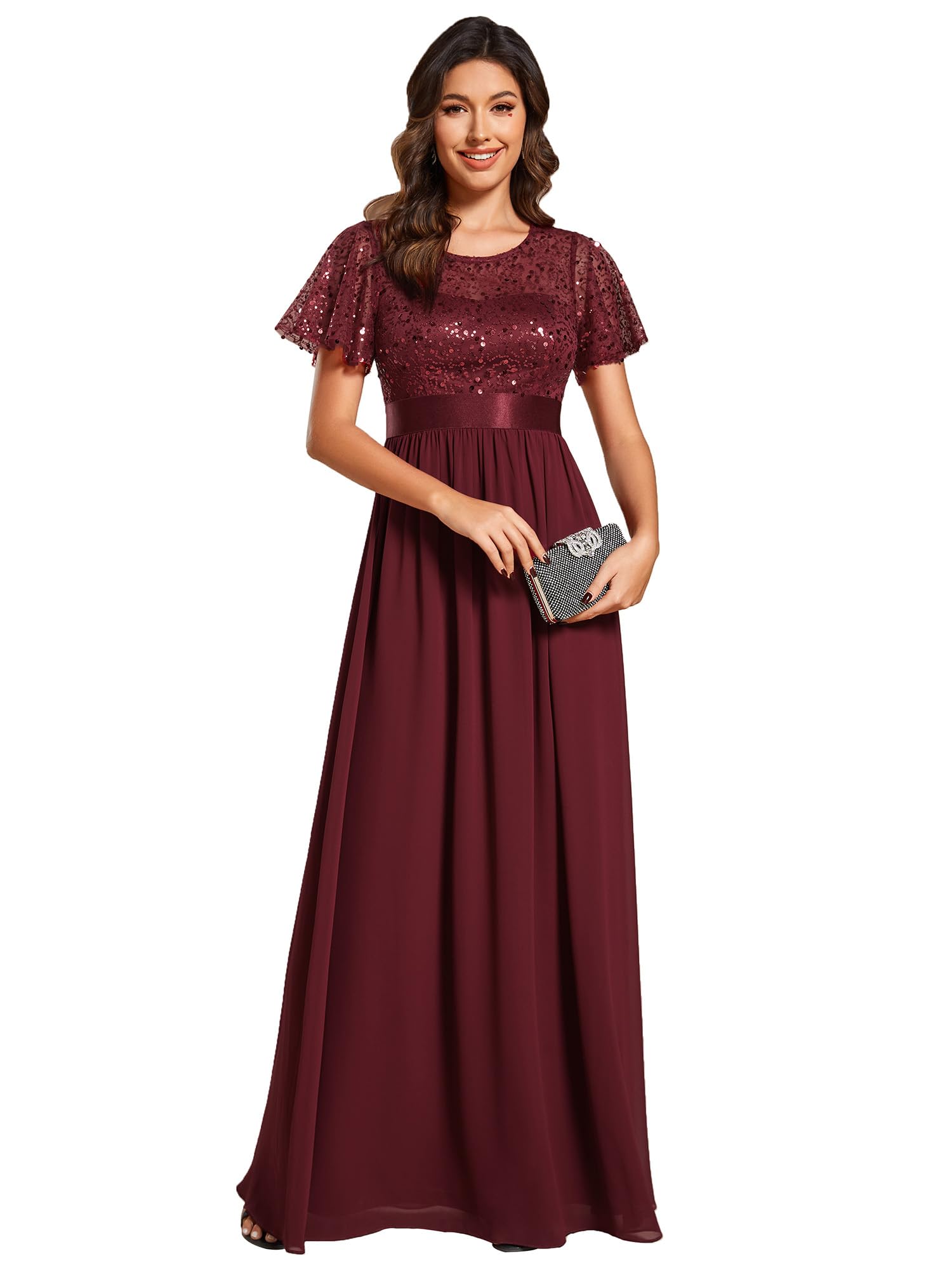 Ever-Pretty Women Prom Dress Round-Neck Sequin High Waist Short-Sleeved F