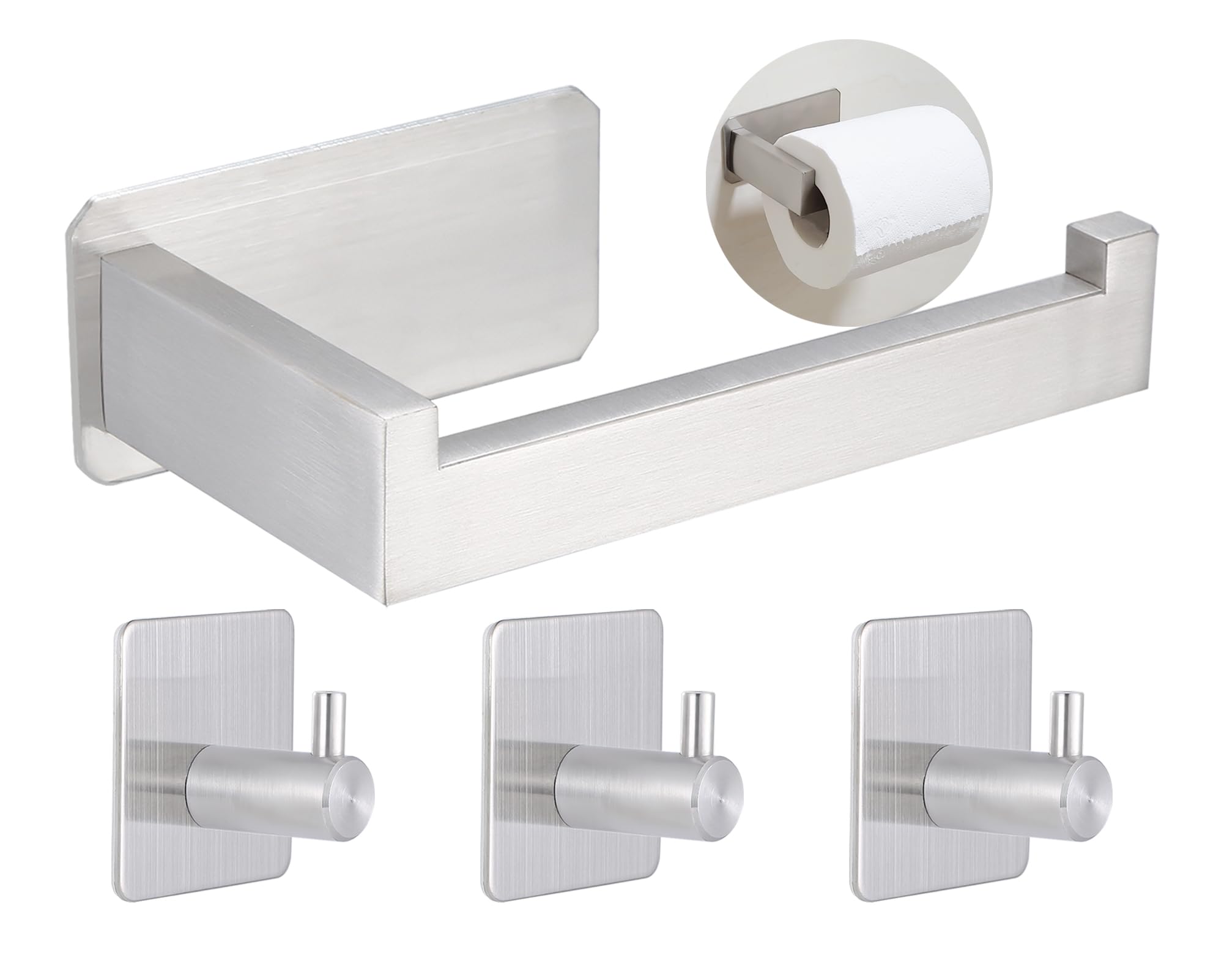 Silver Wall Mounted Toilet Roll Holder & 3 Towel Hooks - No Drilling, Stainless Steel-image-8c6eaac7-0805-4a02-868d-714bf12e3ef4-56105