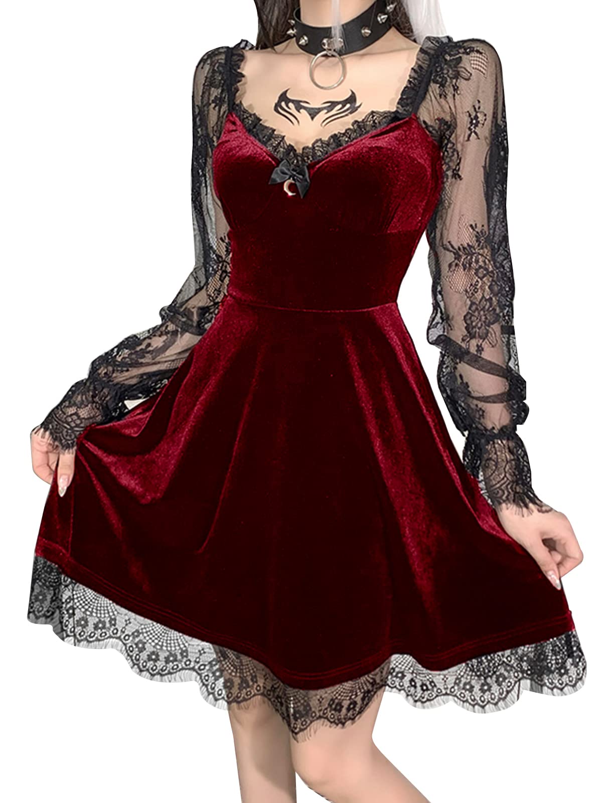 long sleeve steampunk dress Women Dress Mini A-line Long Sleeve Lace Gothic Steampunk Punk Flower Black